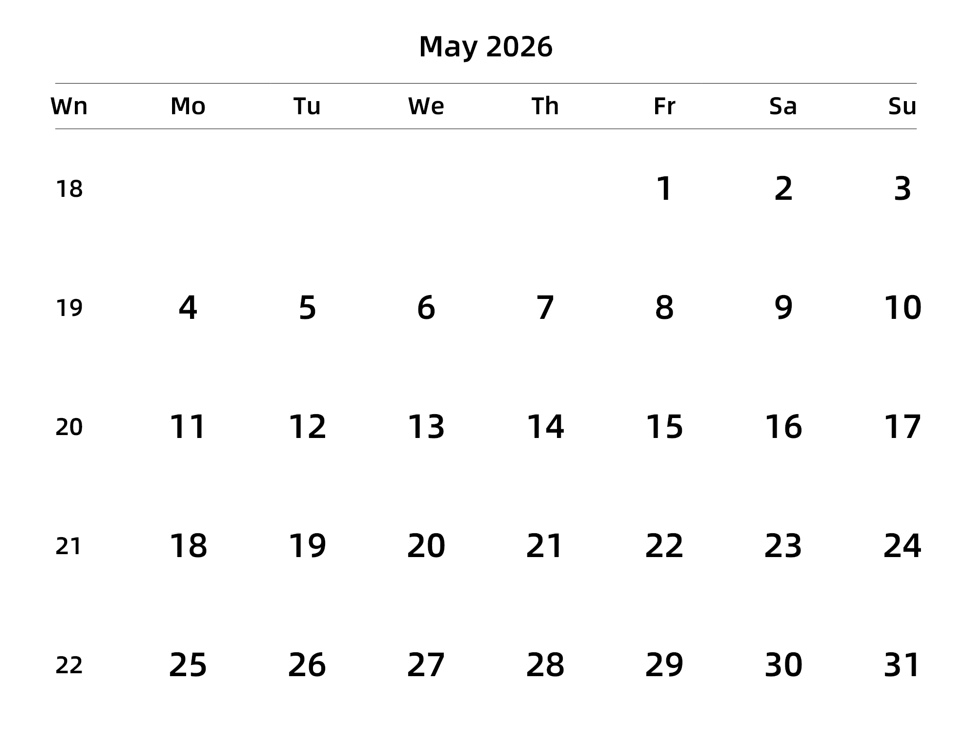 英文版 周一开始 带周数