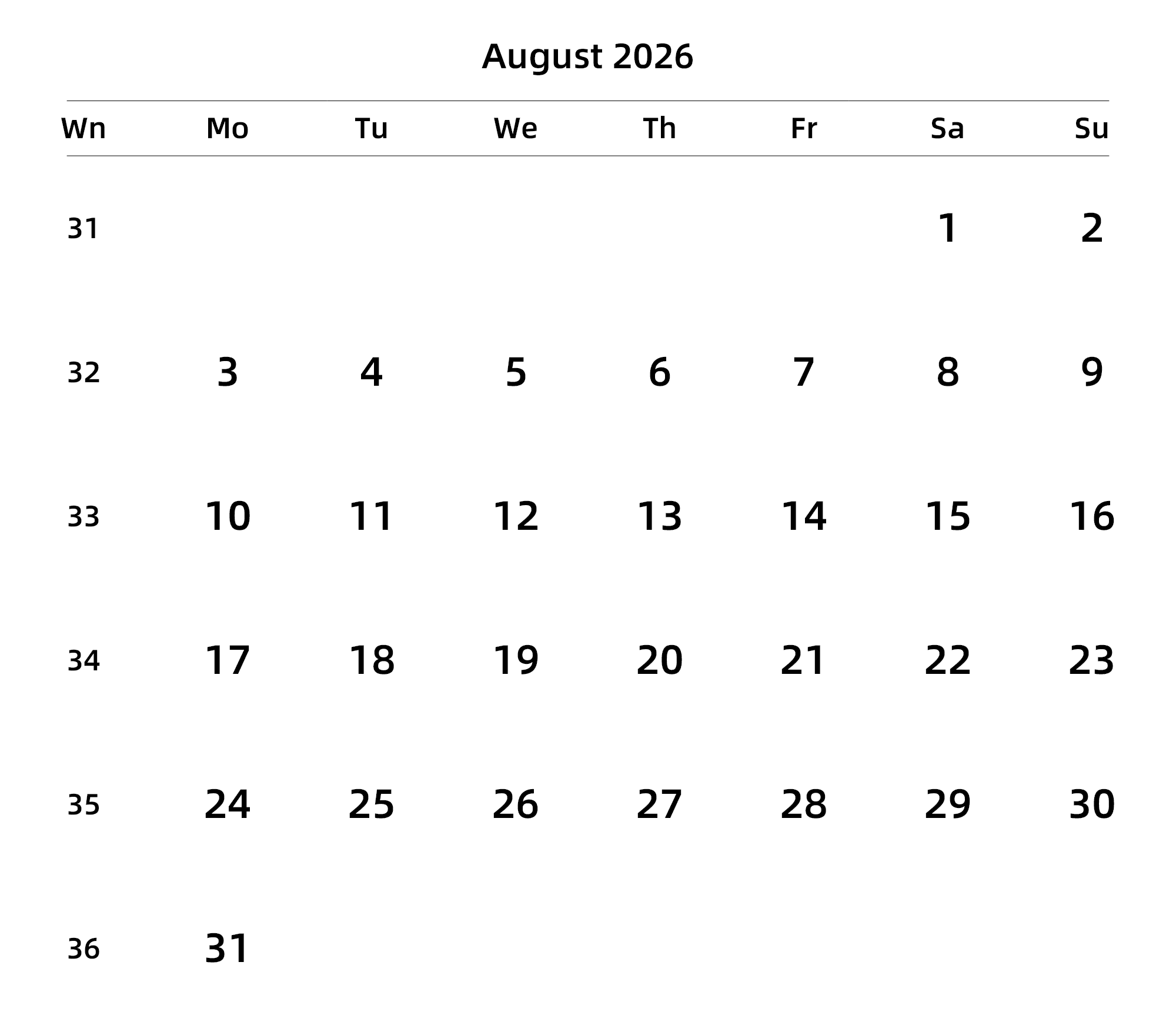 英文版 周一开始 带周数