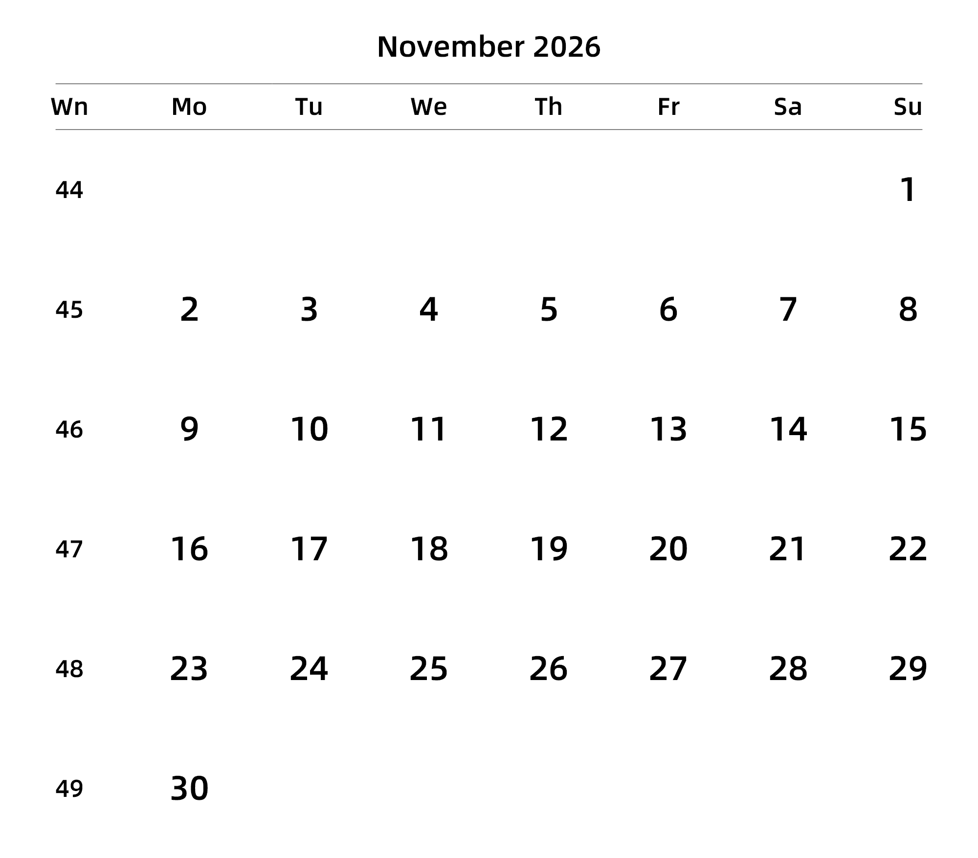 英文版 周一开始 带周数