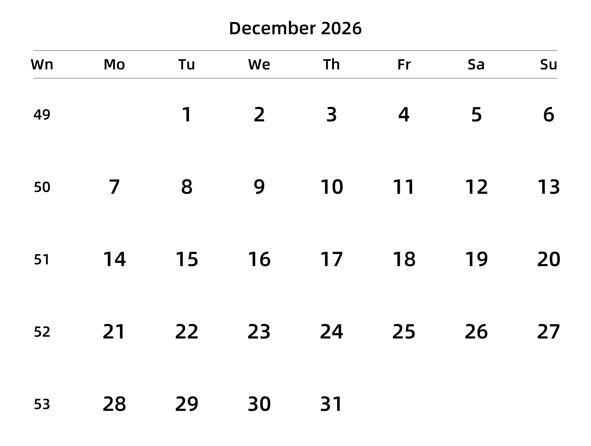 英文版 周一开始 带周数