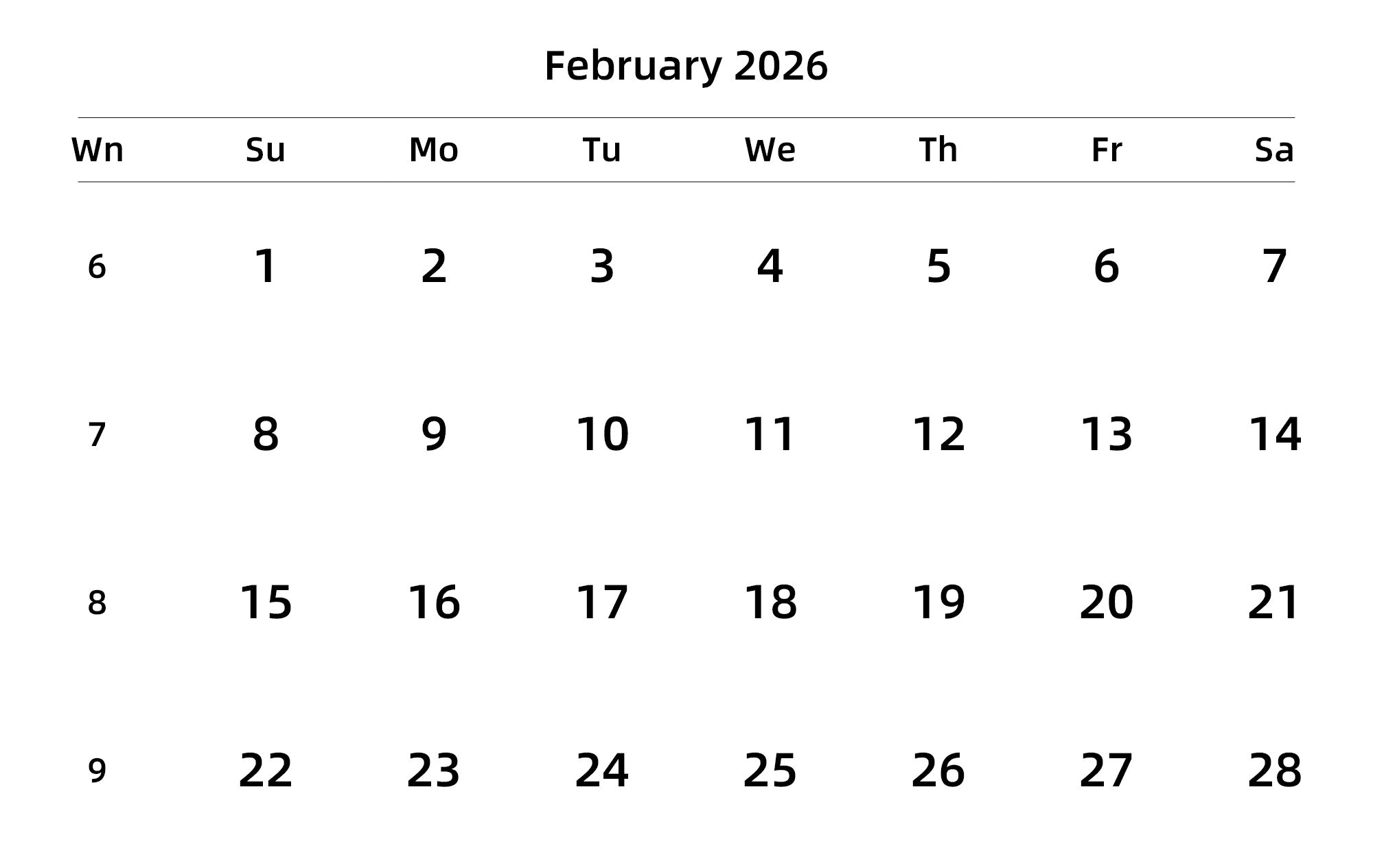 英文版 周日开始 带周数