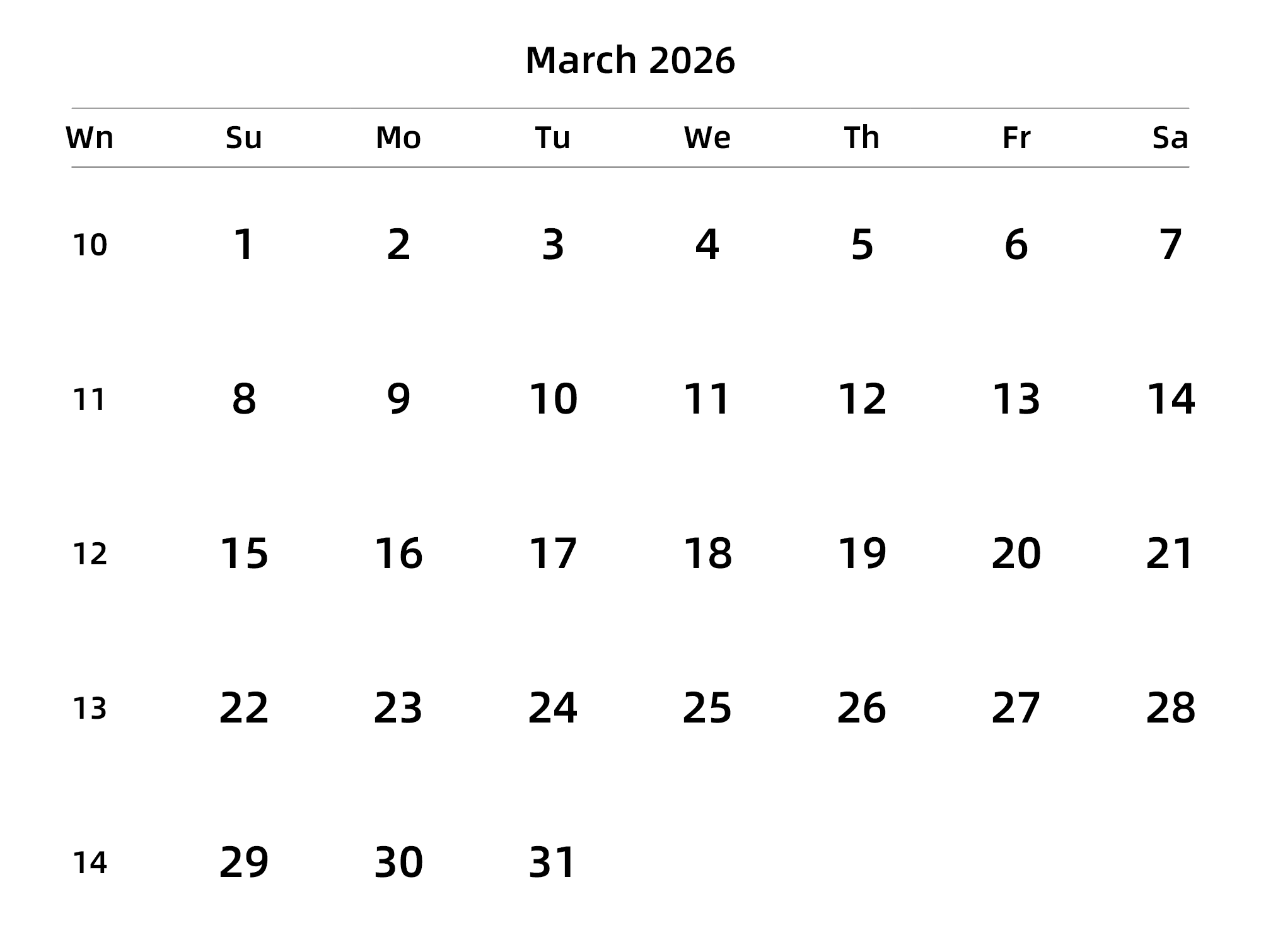 英文版 周日开始 带周数