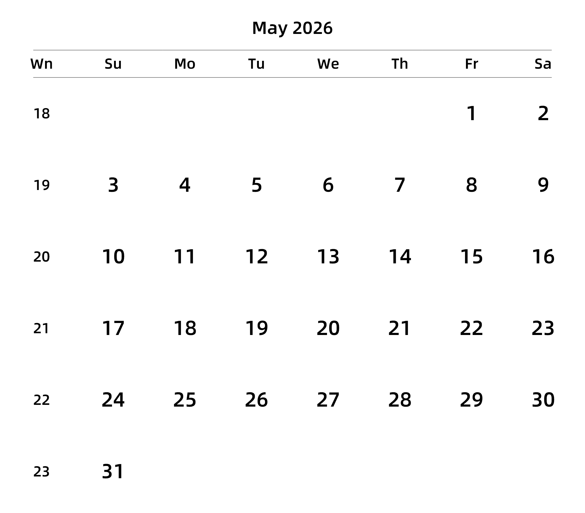 英文版 周日开始 带周数