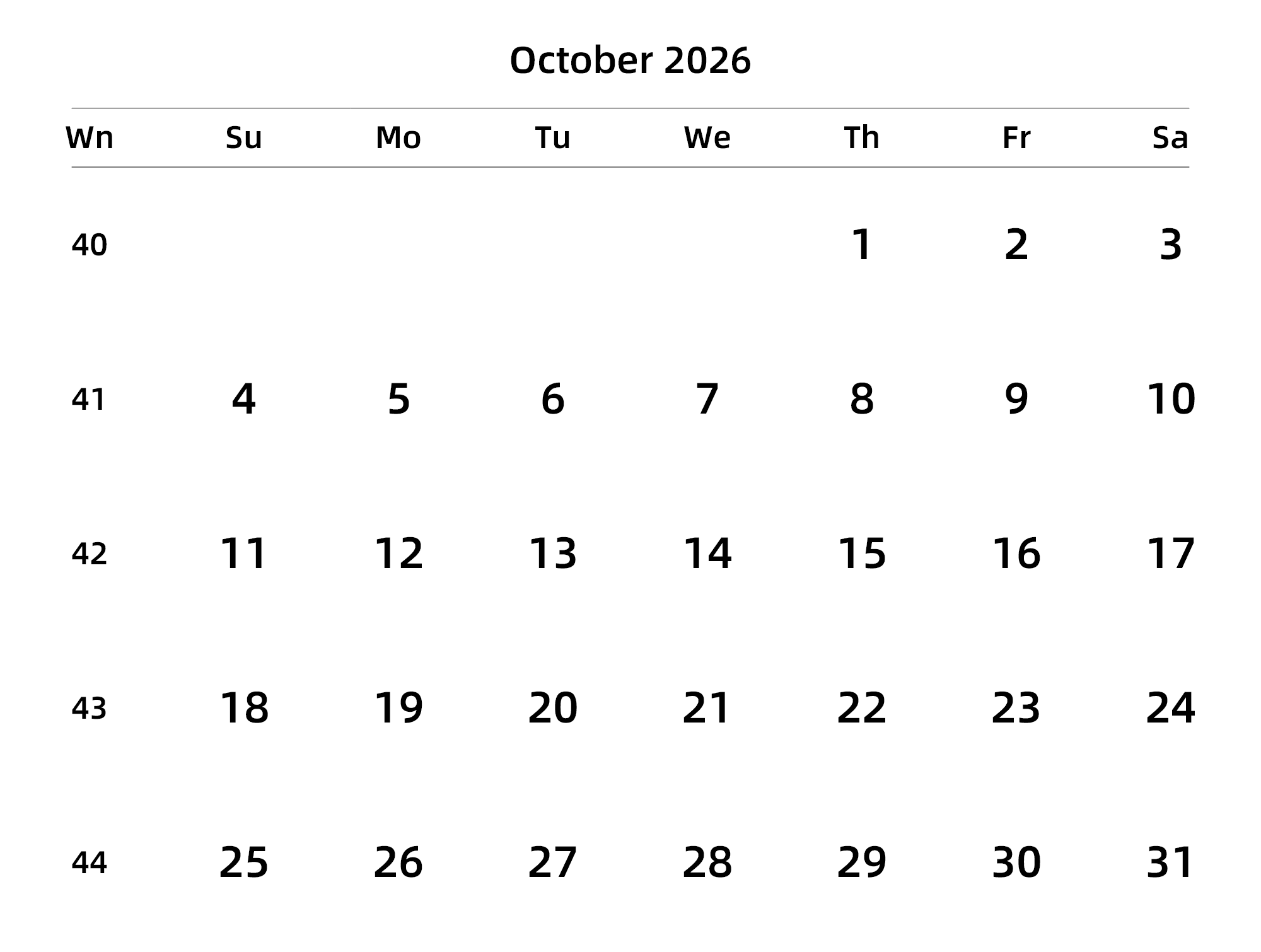 英文版 周日开始 带周数