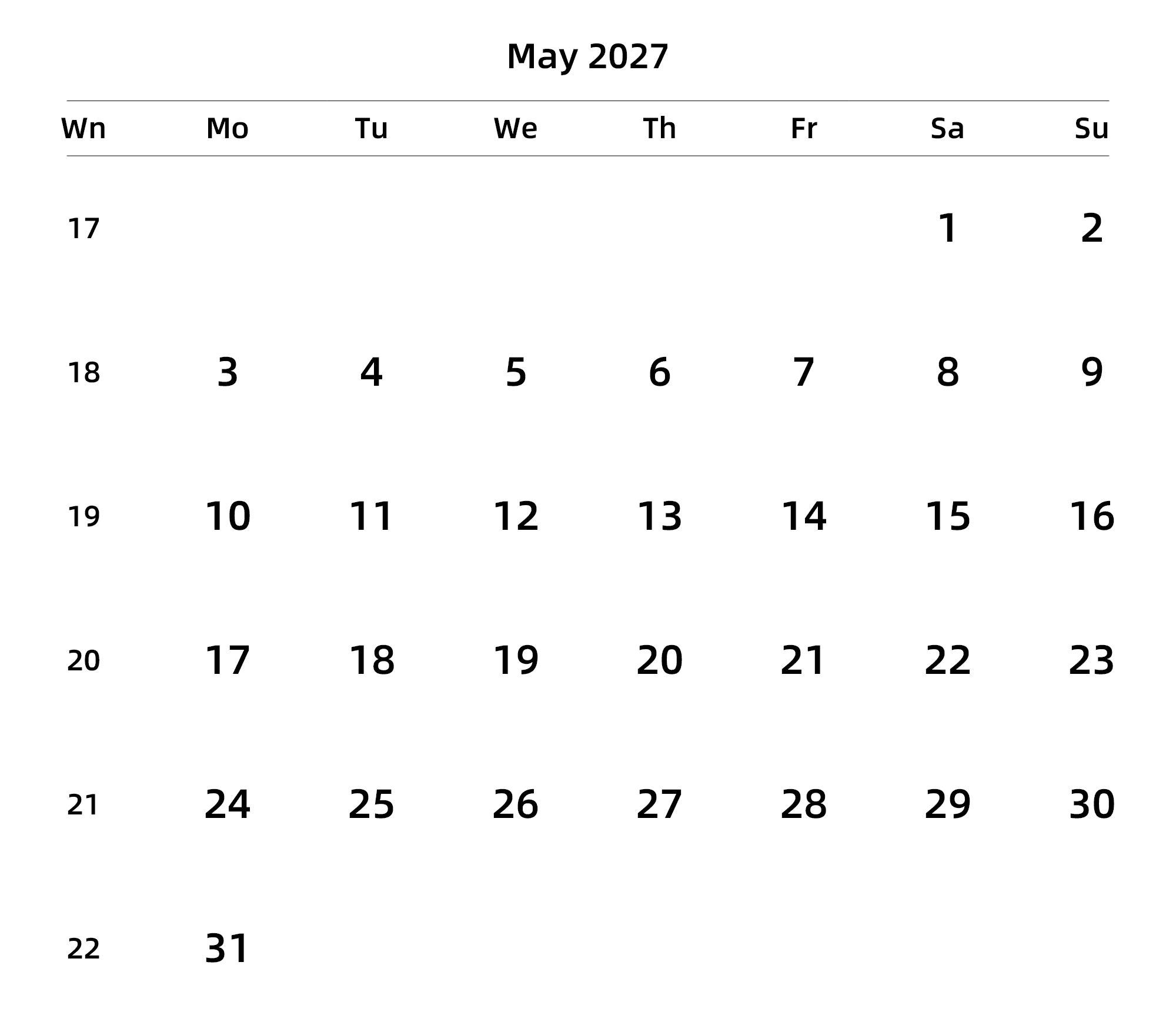 英文版 周一开始 带周数