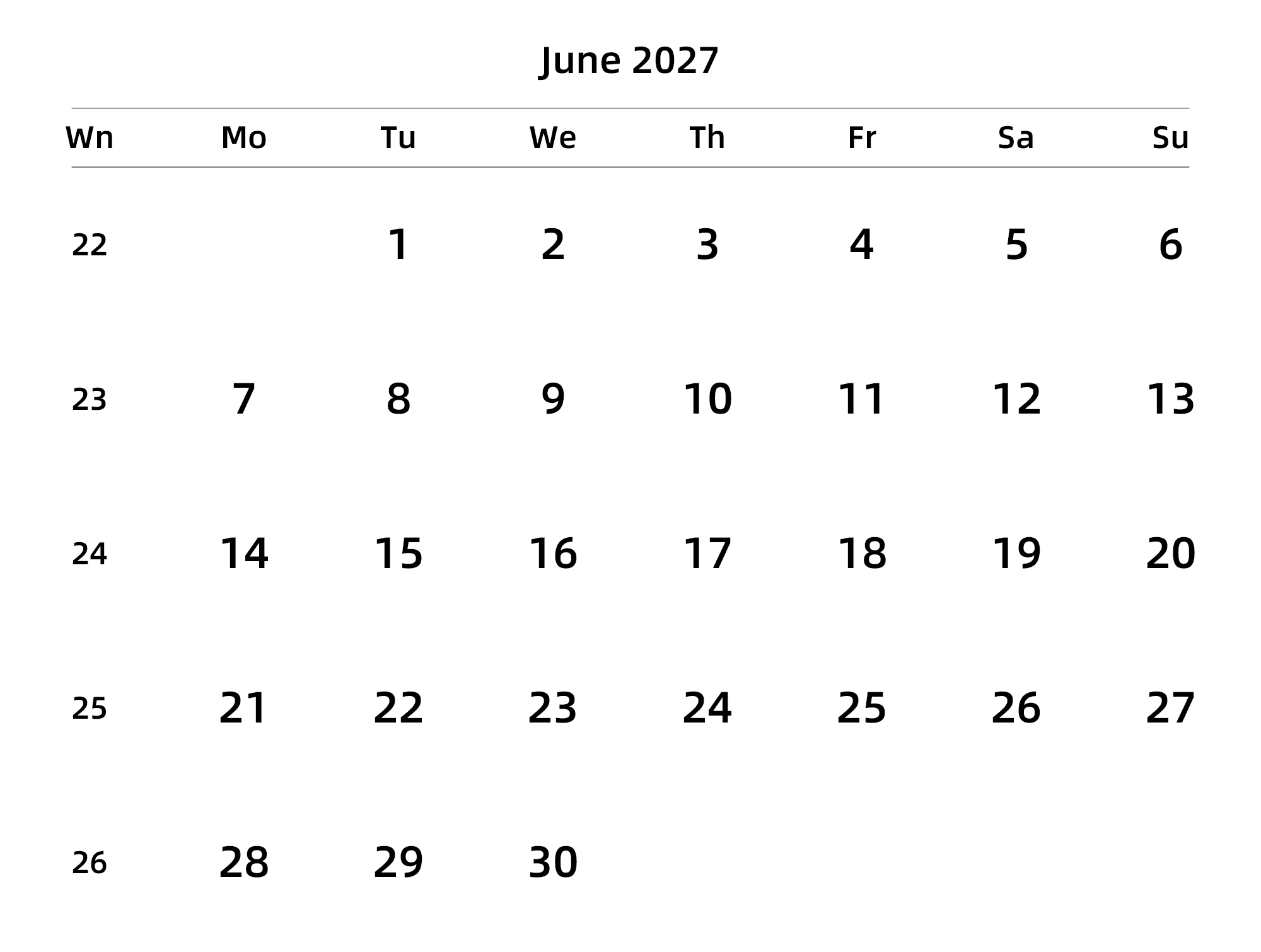 英文版 周一开始 带周数