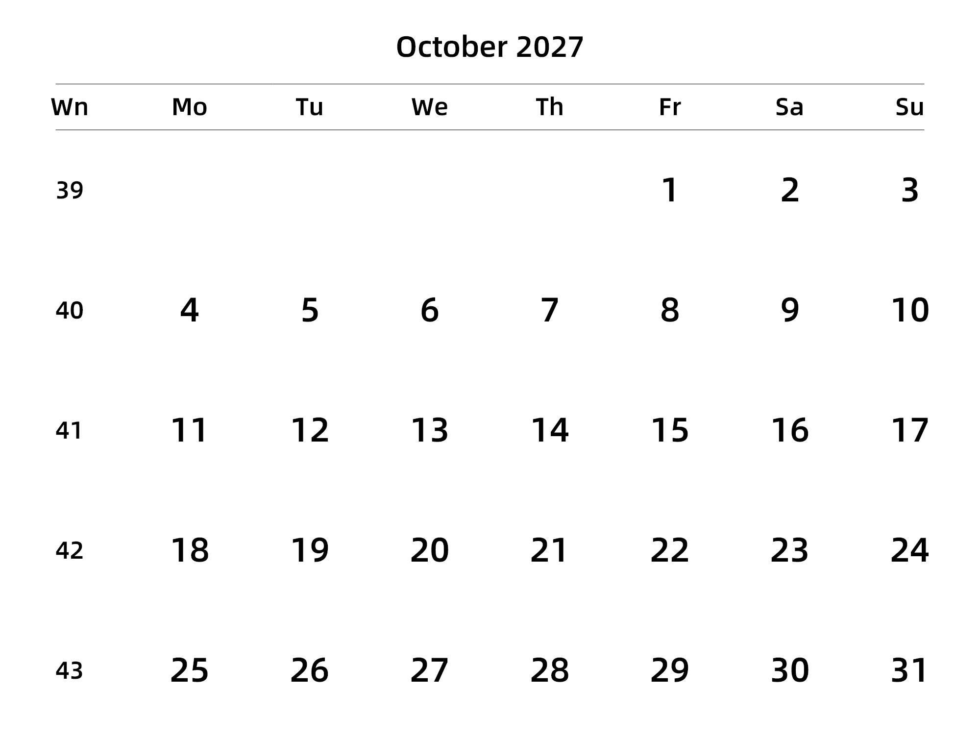 英文版 周一开始 带周数