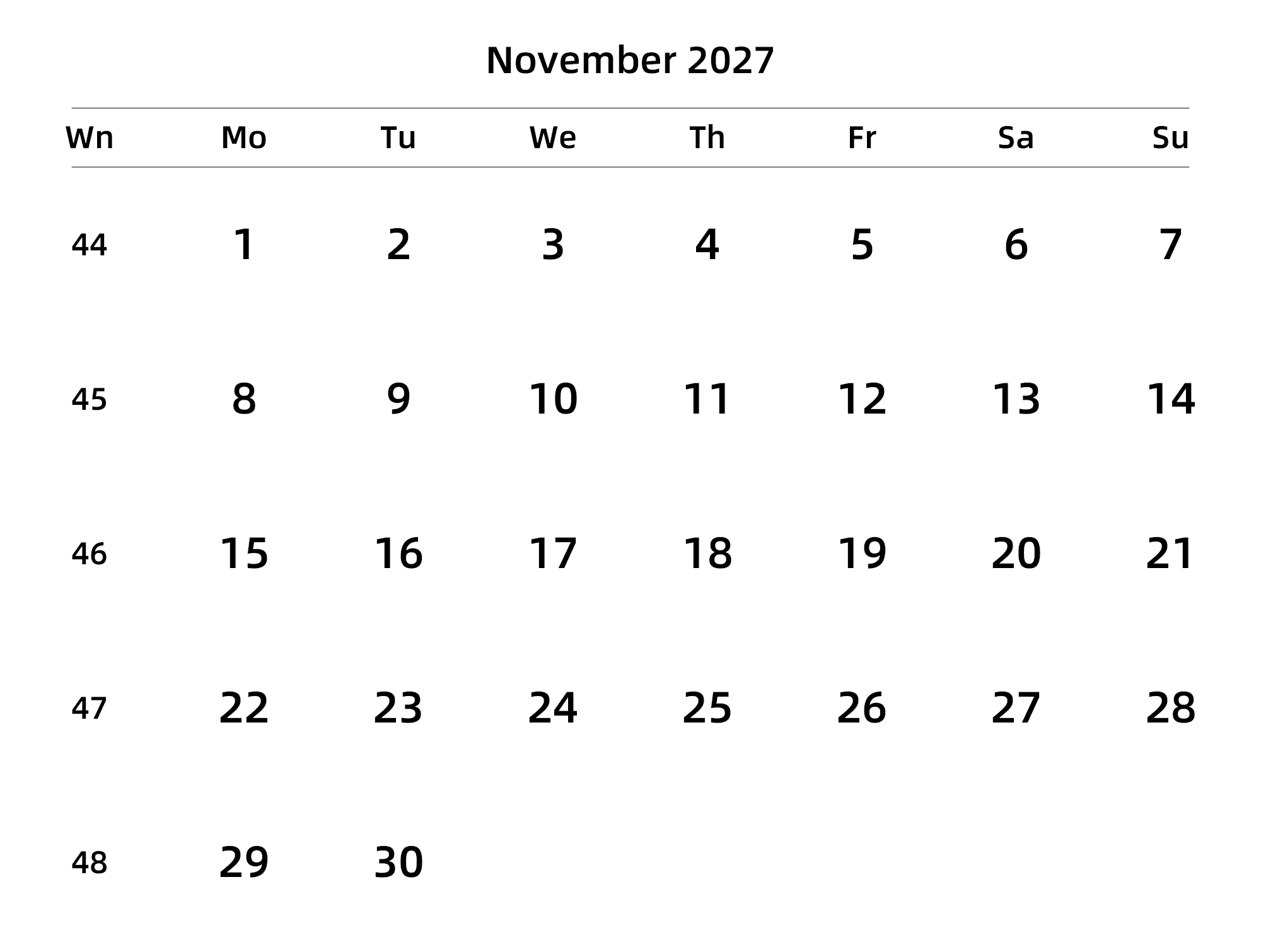 英文版 周一开始 带周数