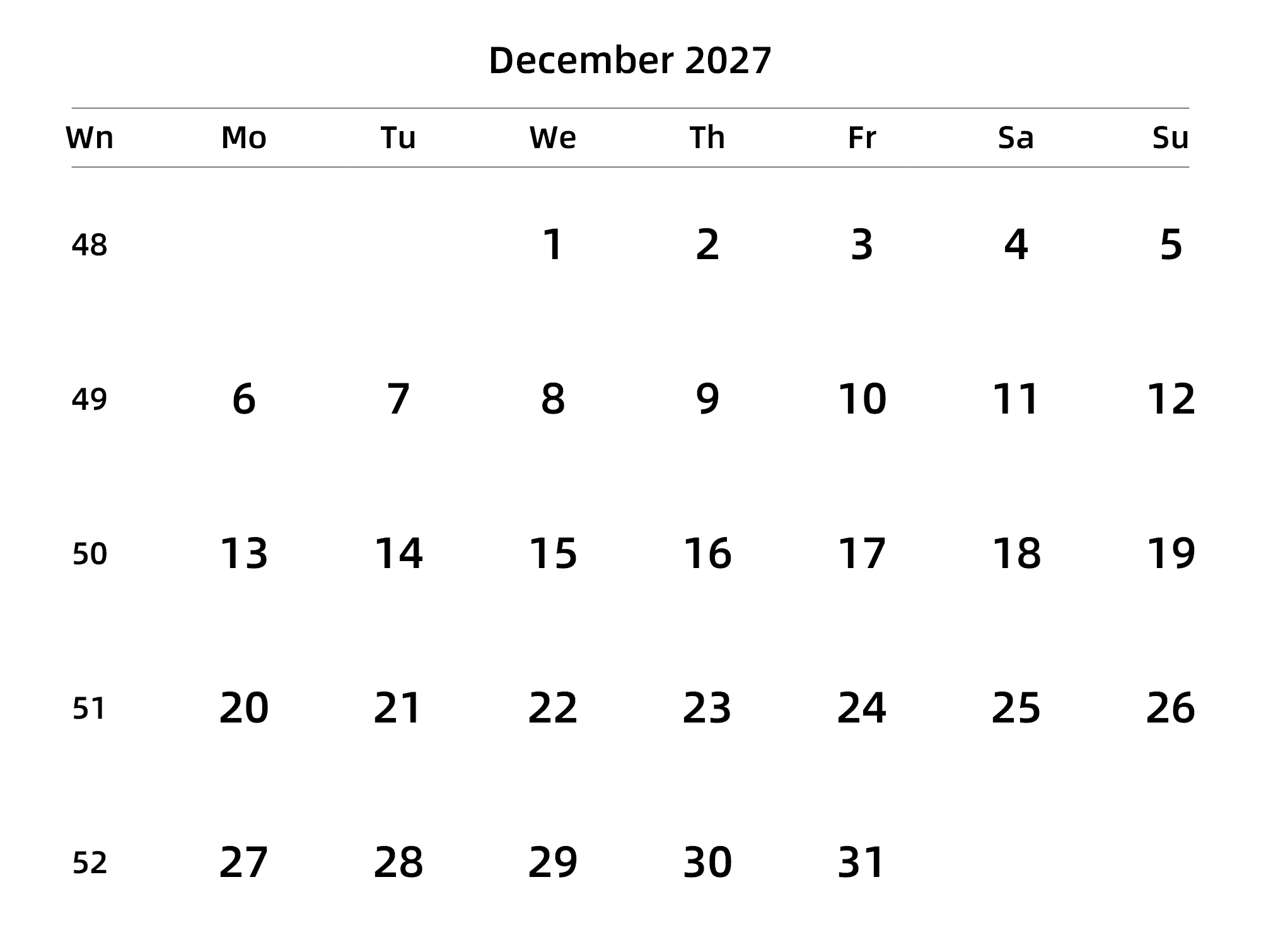 英文版 周一开始 带周数