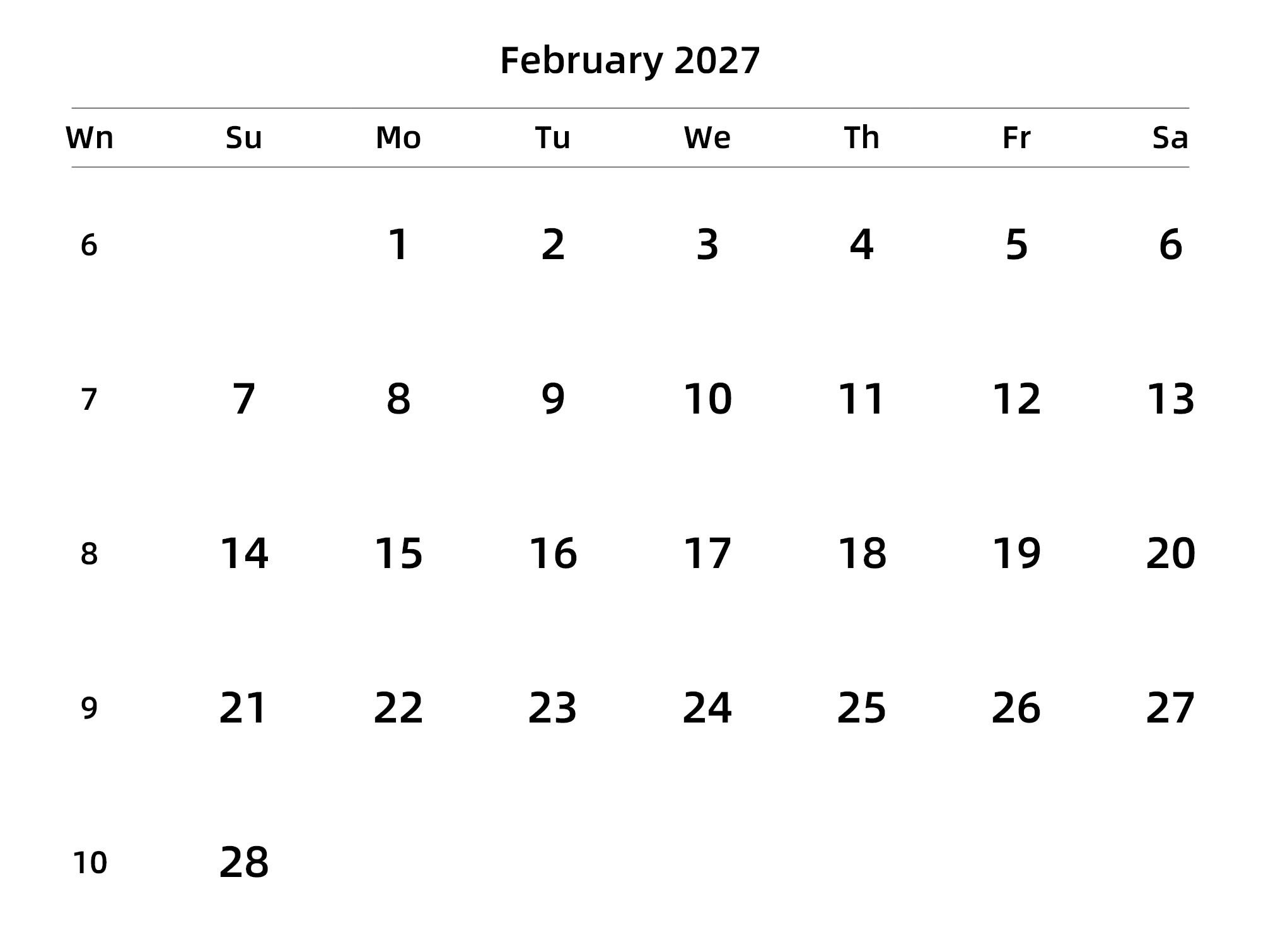 英文版 周日开始 带周数