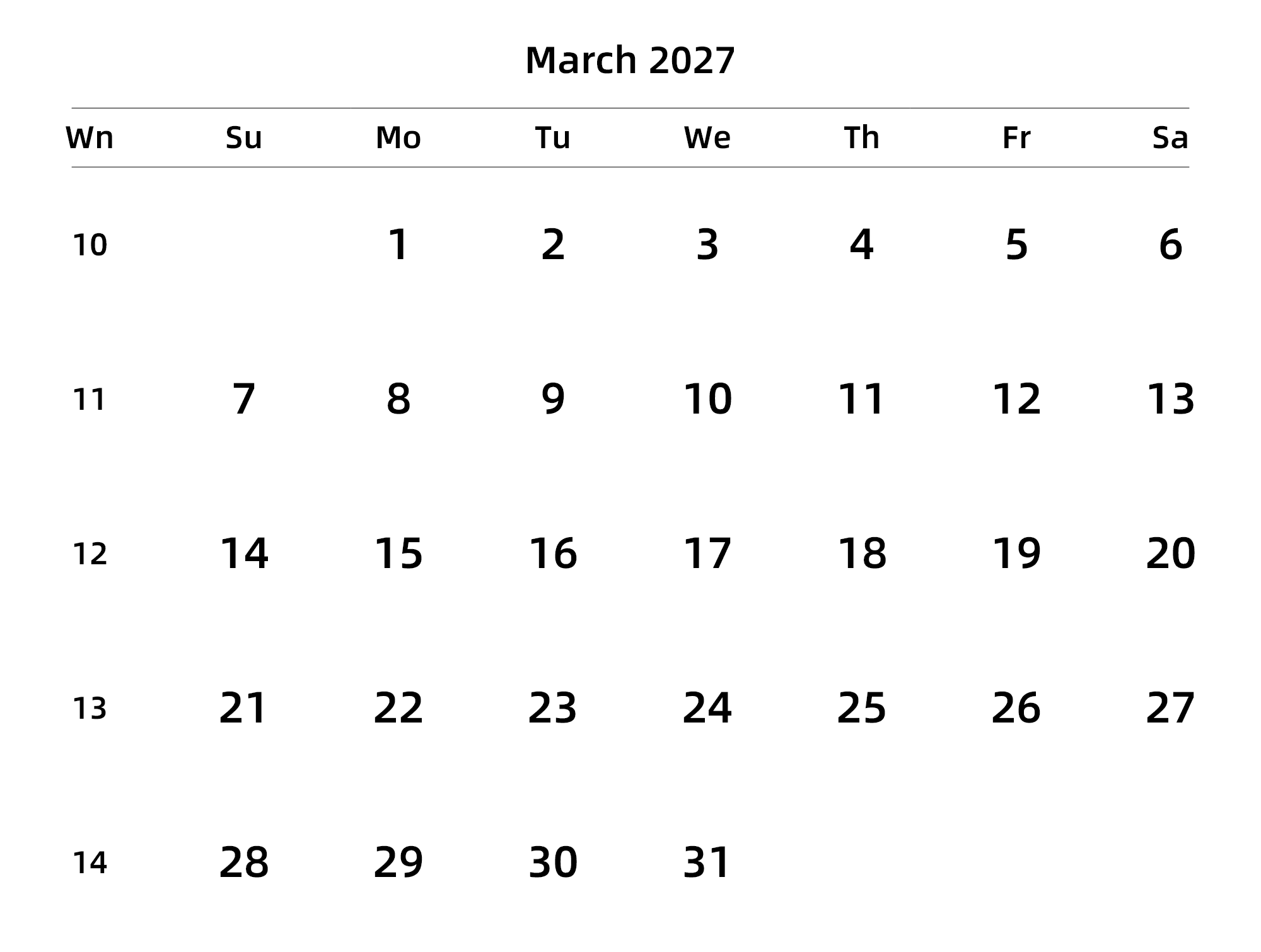 英文版 周日开始 带周数