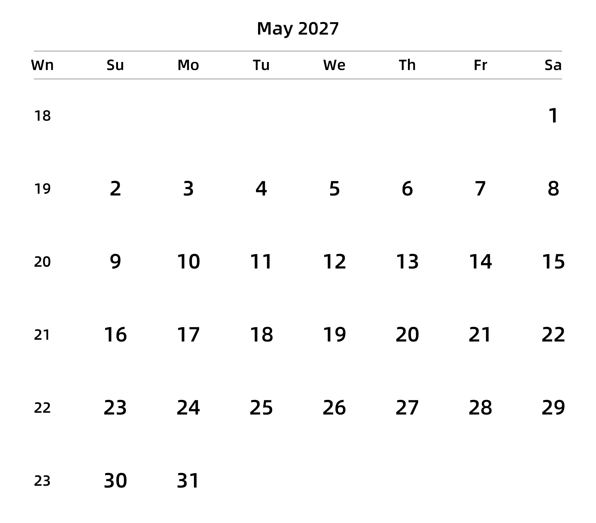 英文版 周日开始 带周数