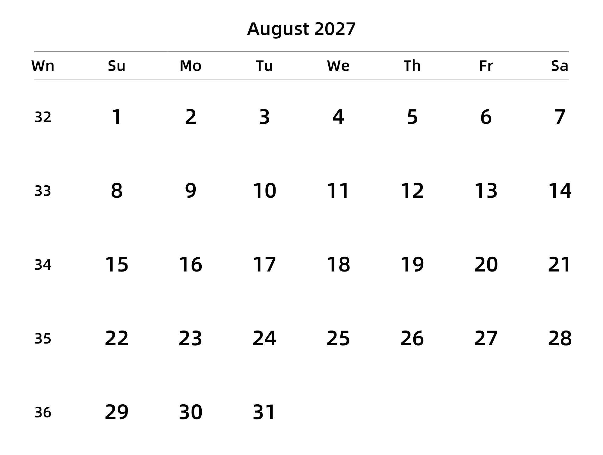 英文版 周日开始 带周数
