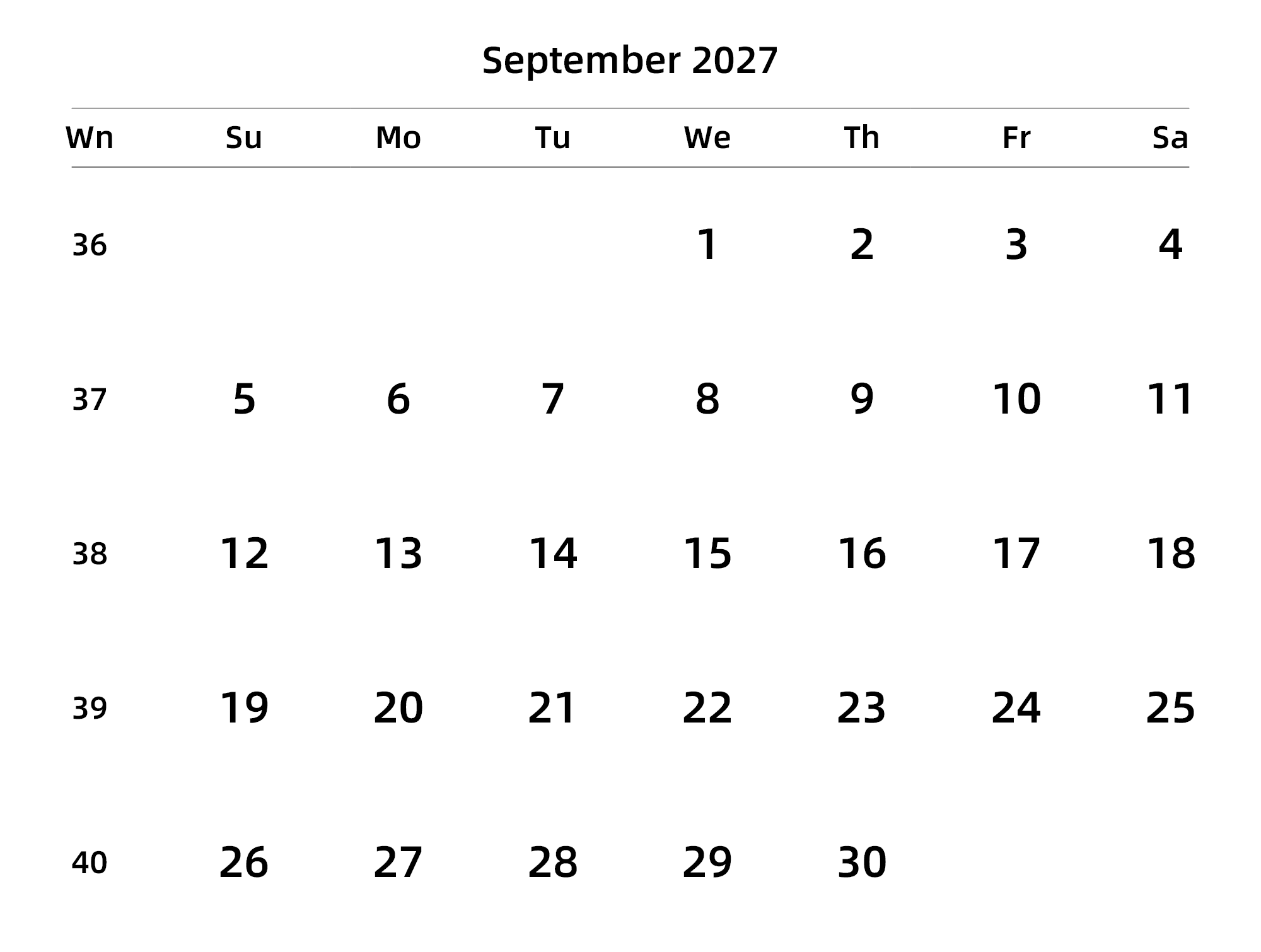 英文版 周日开始 带周数