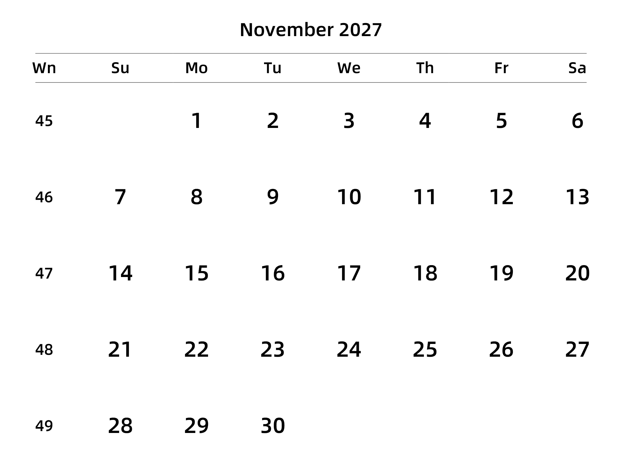 英文版 周日开始 带周数