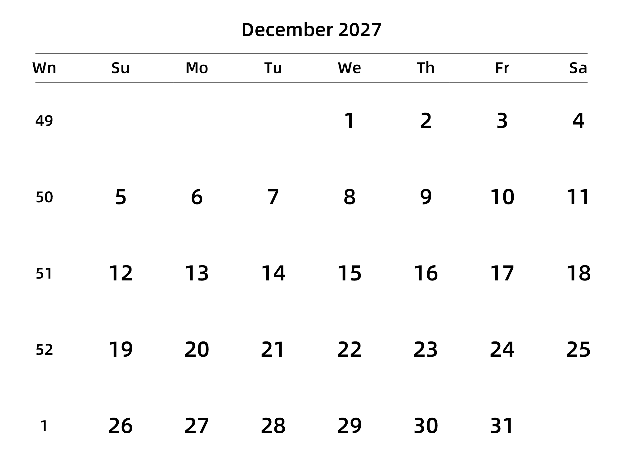 英文版 周日开始 带周数