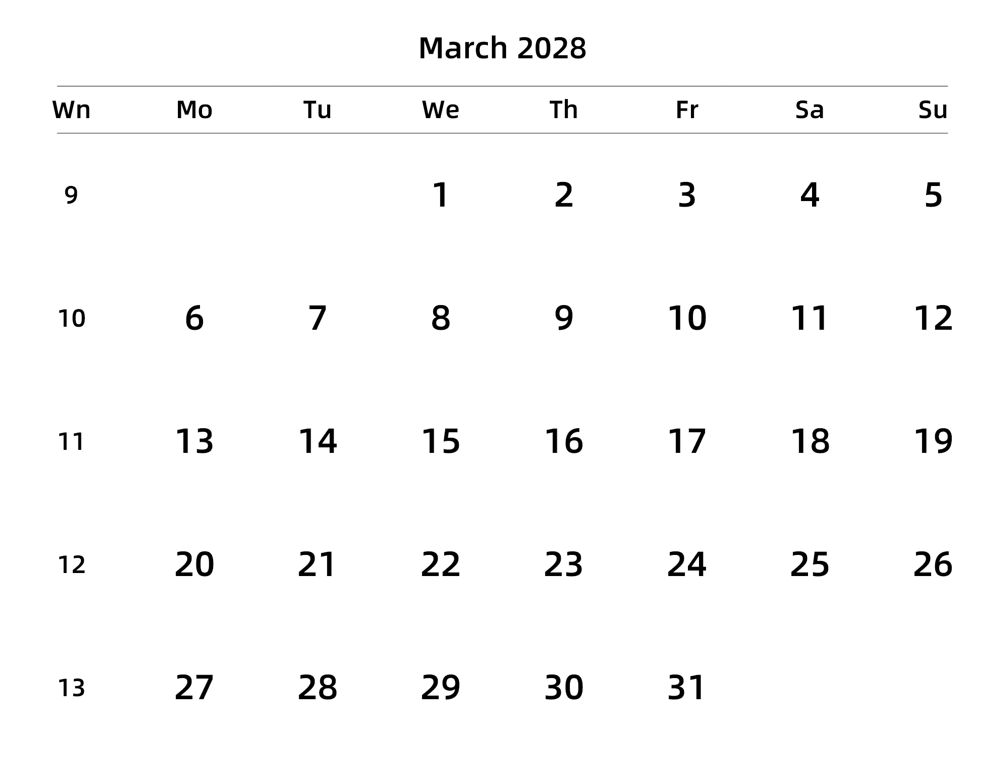 英文版 周一开始 带周数