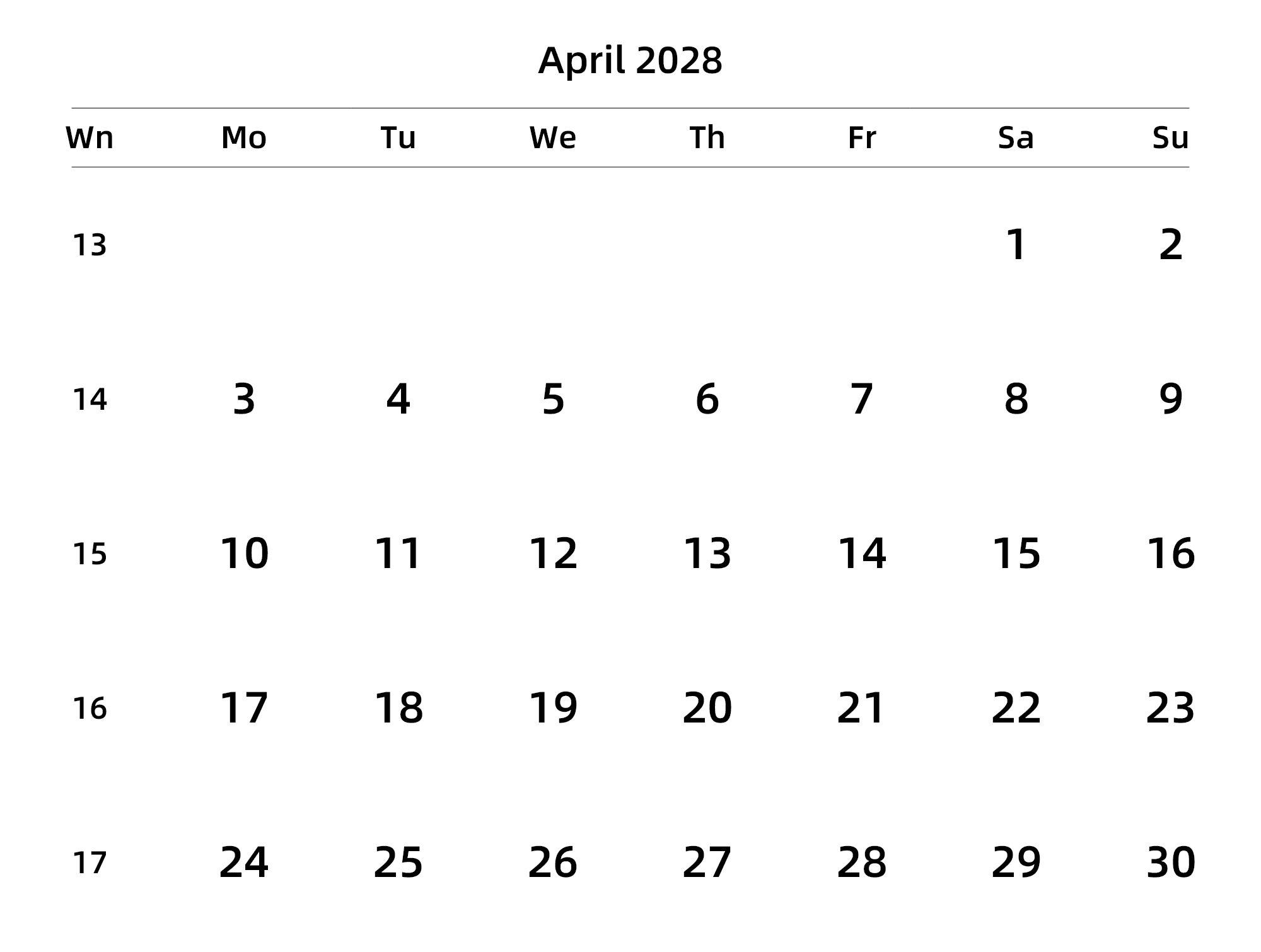 英文版 周一开始 带周数