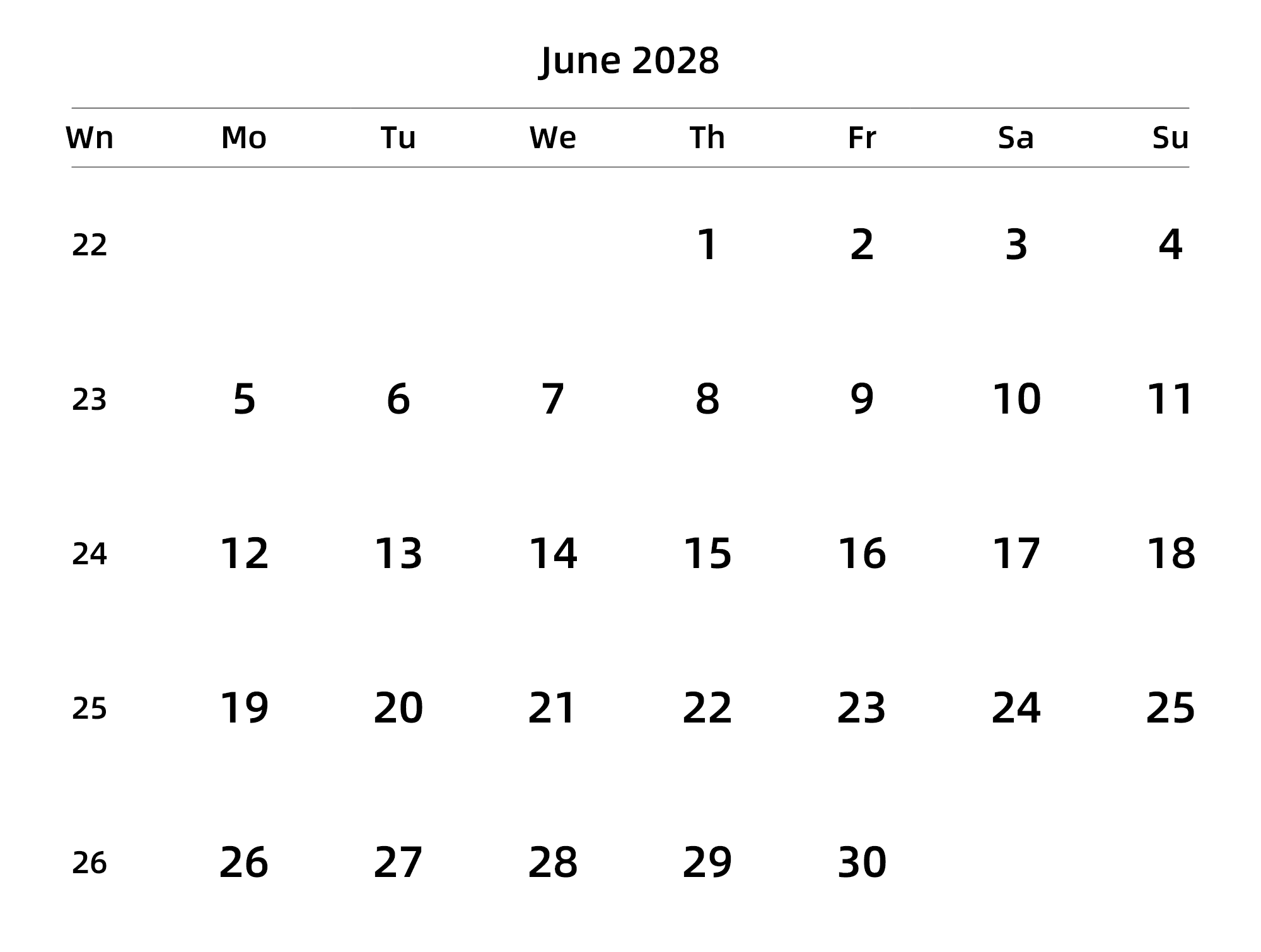 英文版 周一开始 带周数