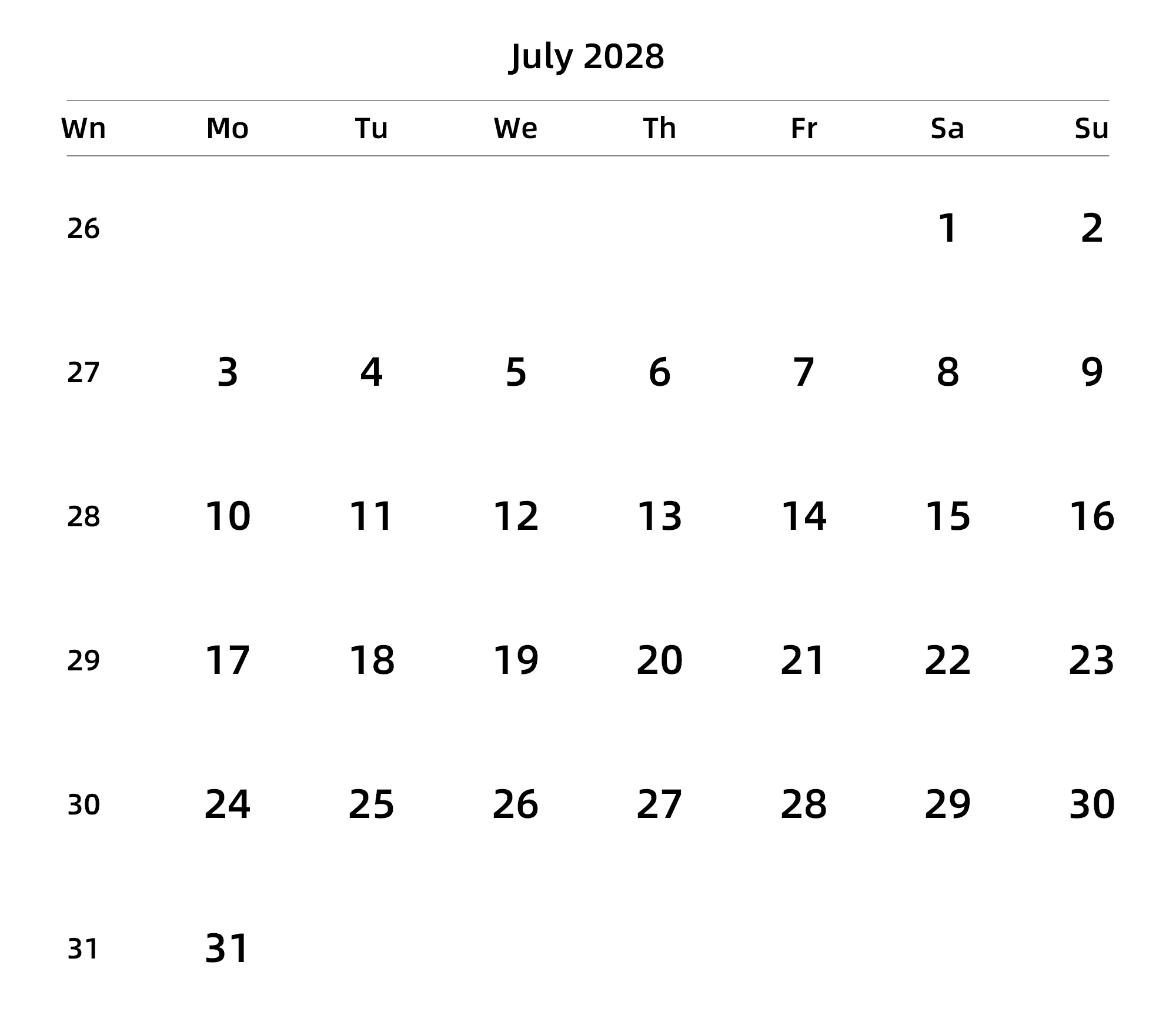 英文版 周一开始 带周数