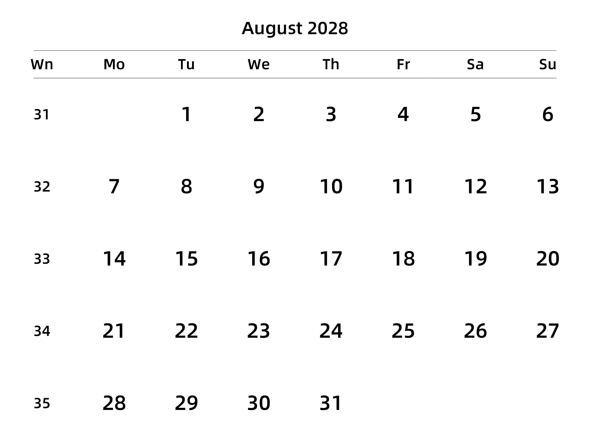 英文版 周一开始 带周数