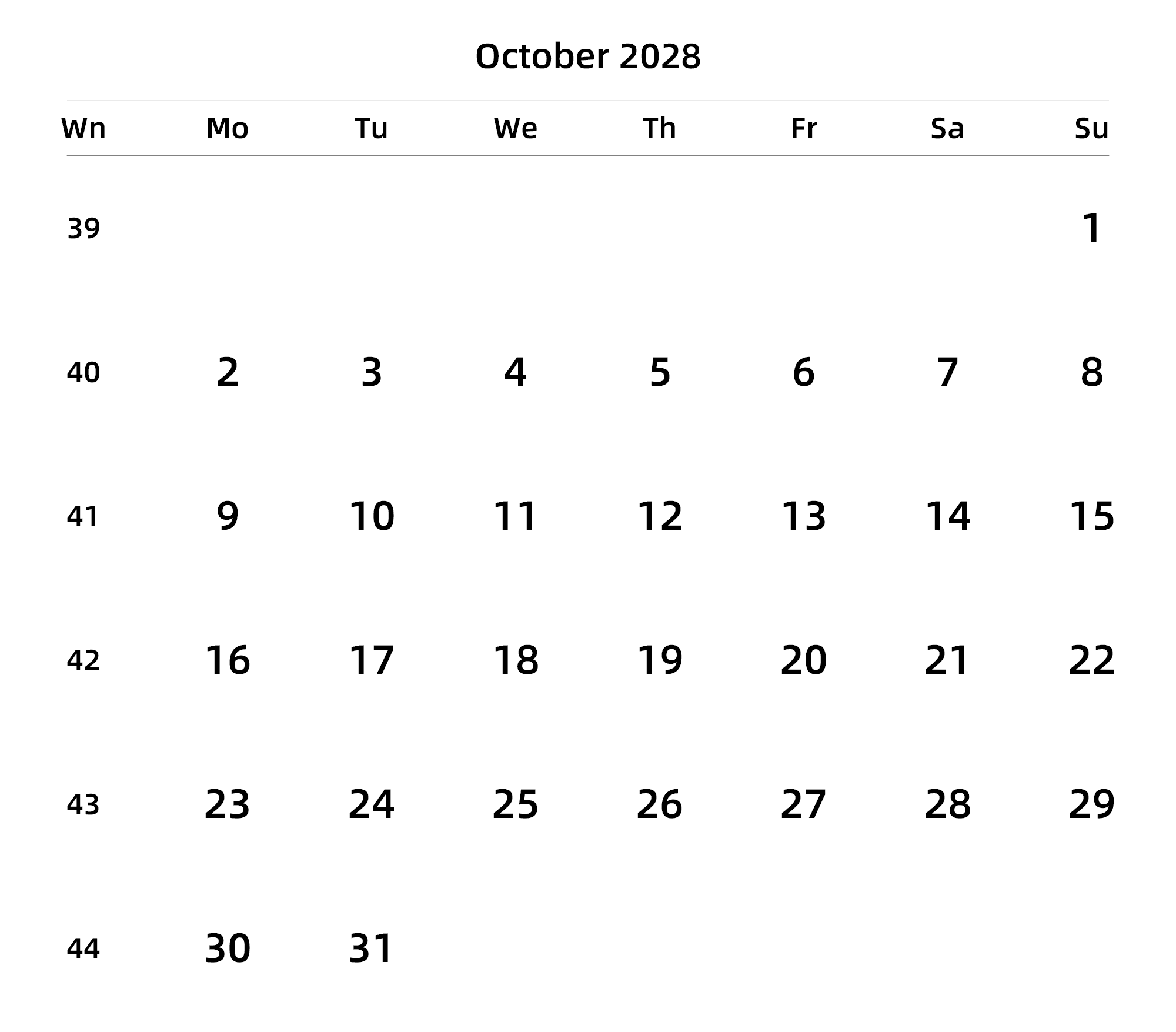 英文版 周一开始 带周数