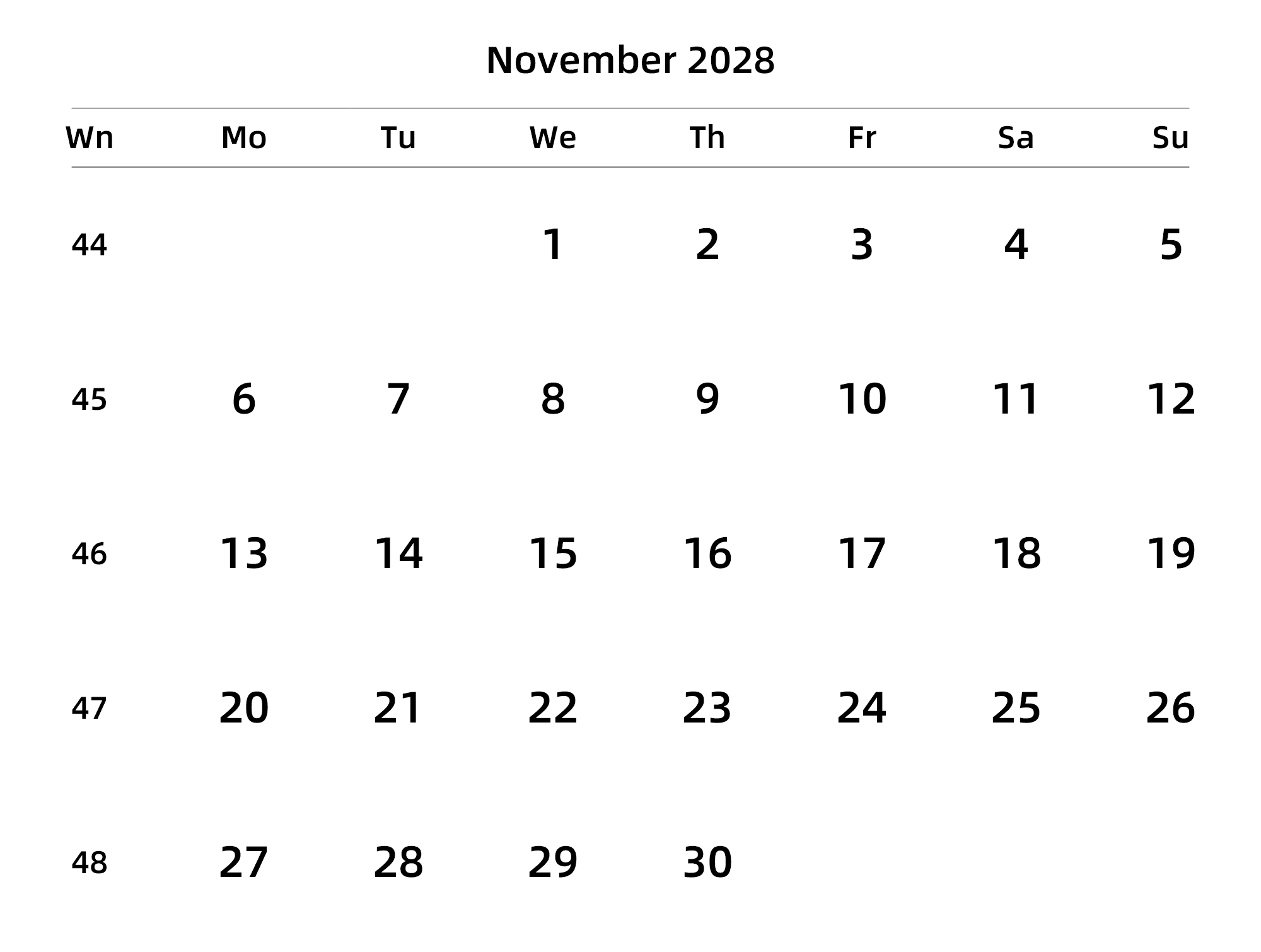 英文版 周一开始 带周数