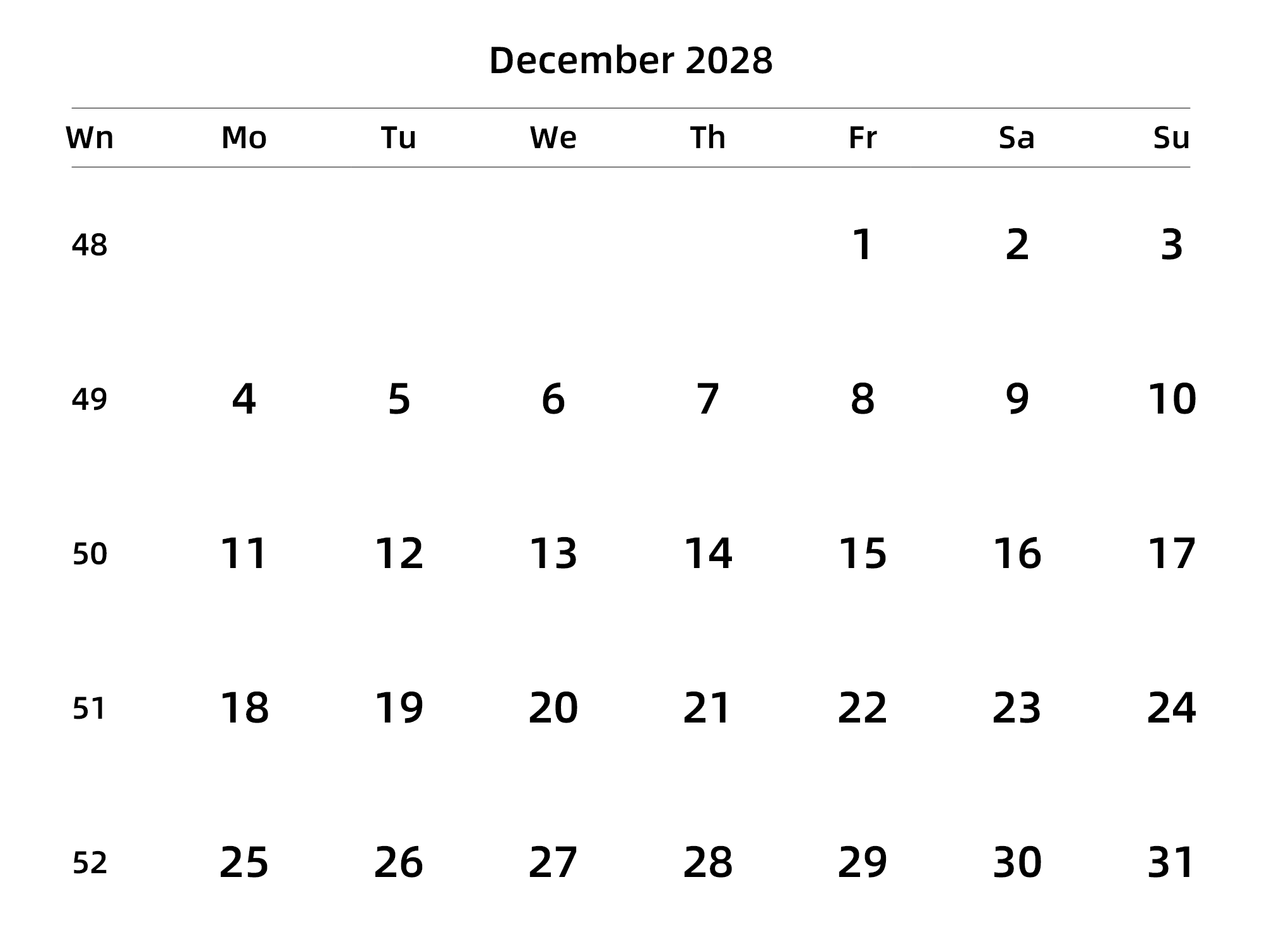 英文版 周一开始 带周数
