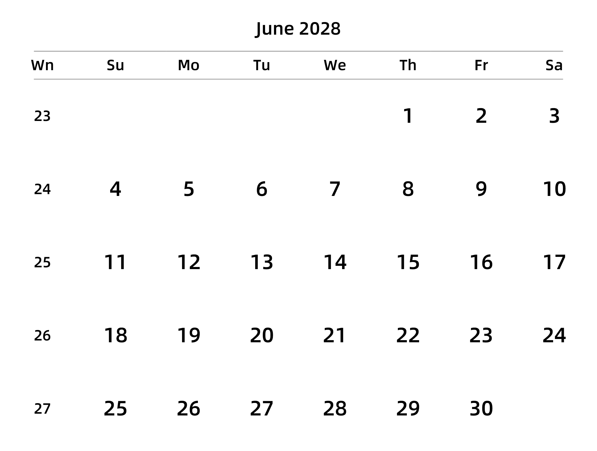 英文版 周日开始 带周数