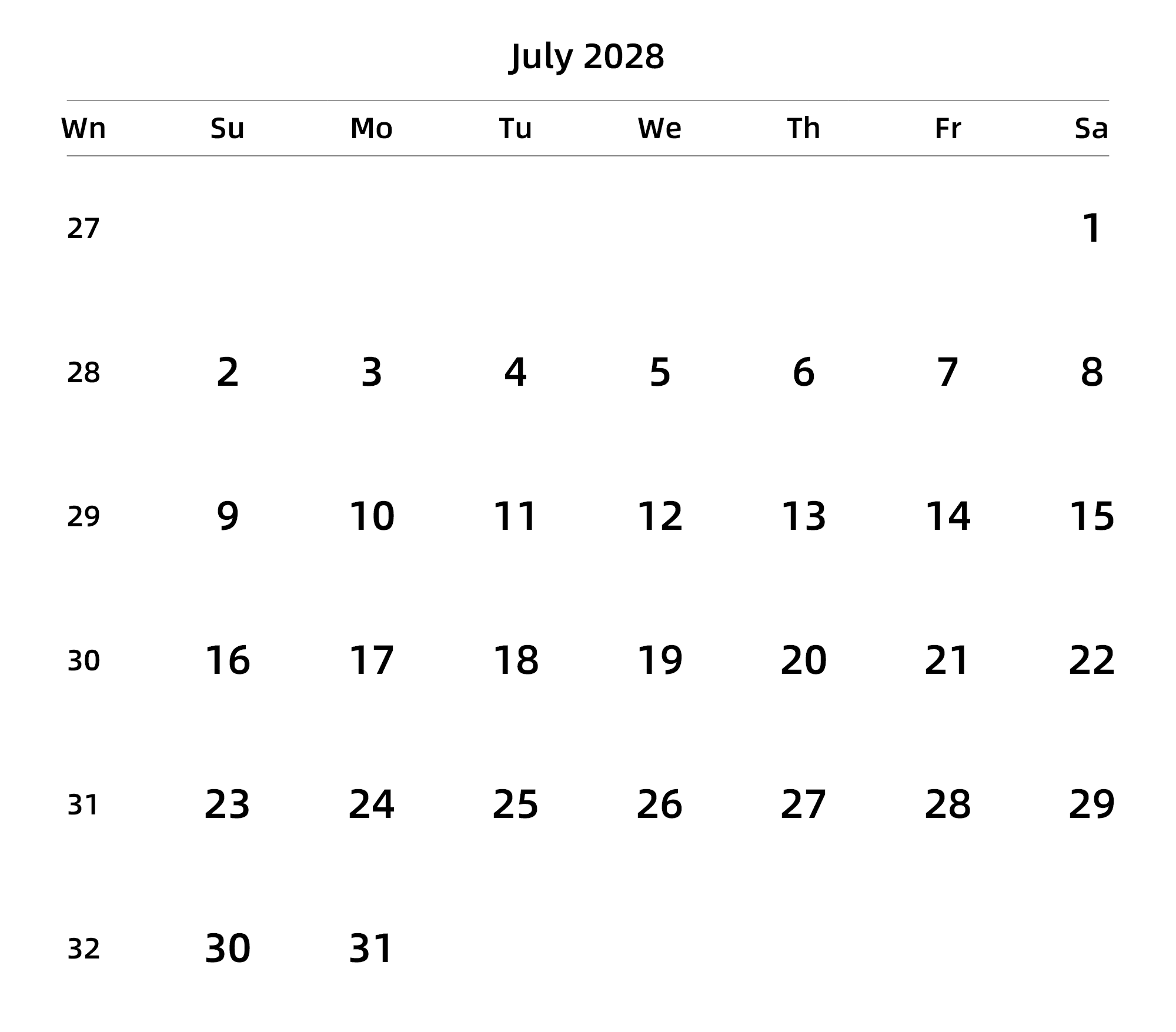 英文版 周日开始 带周数