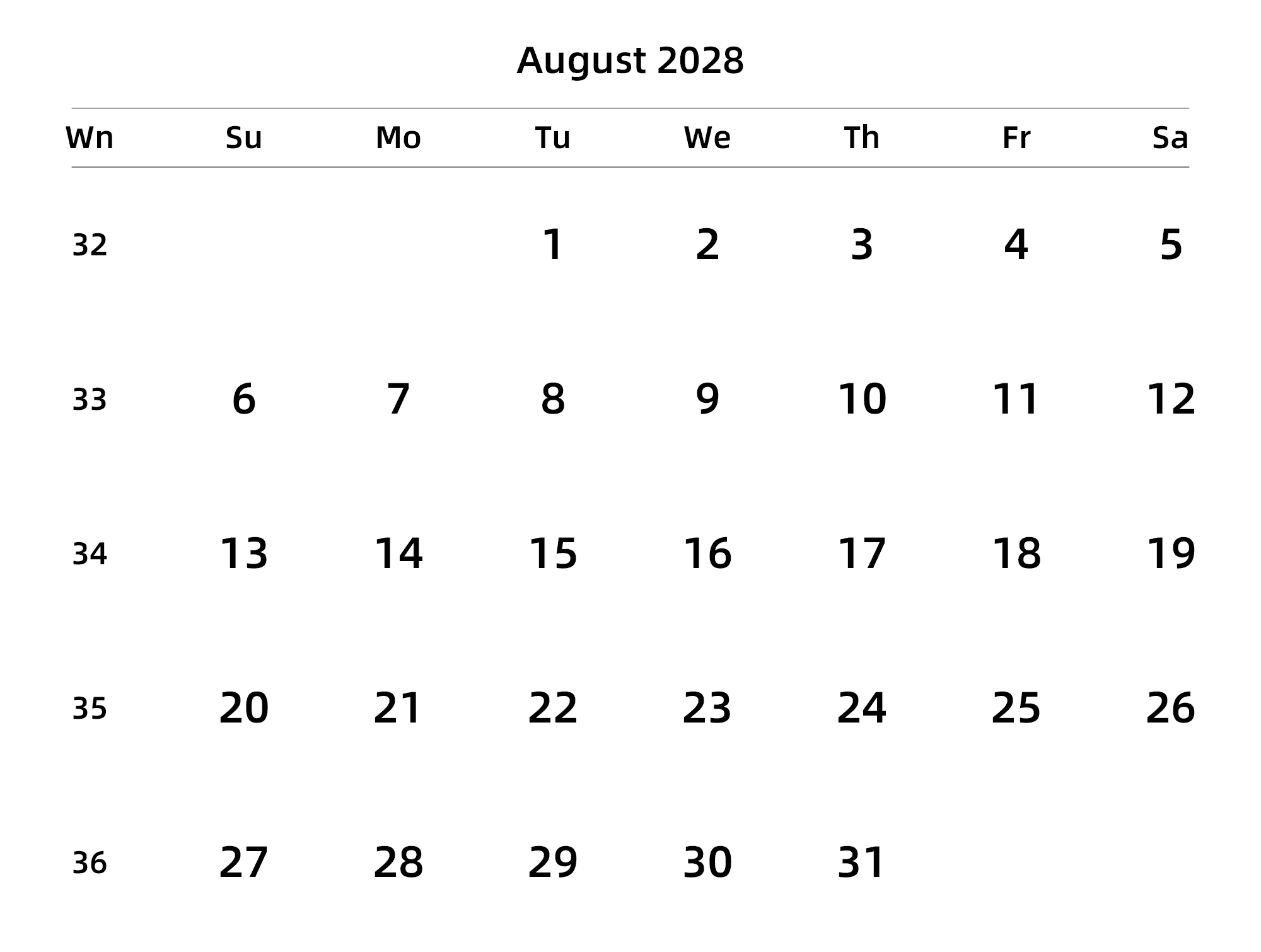 英文版 周日开始 带周数