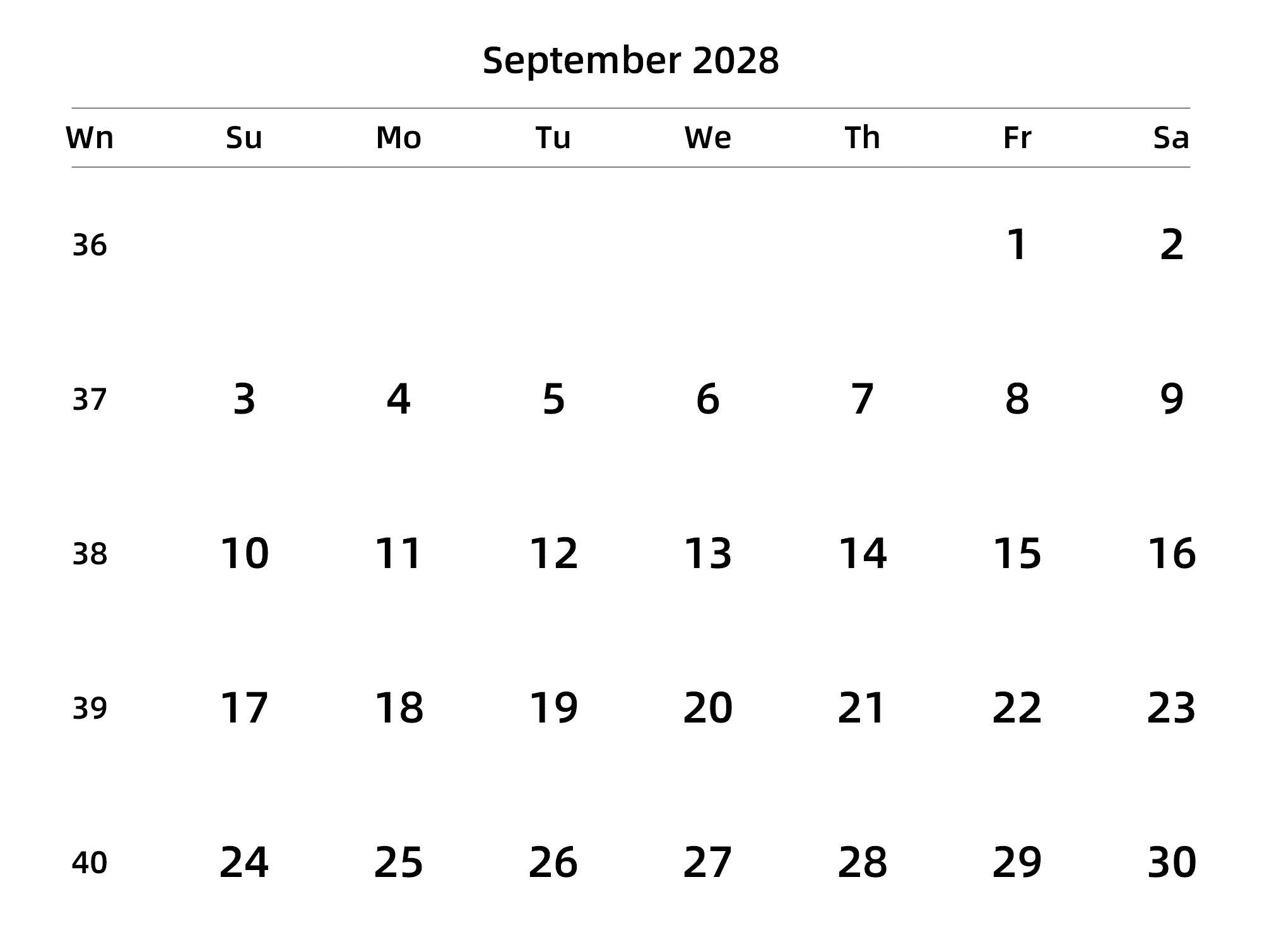 英文版 周日开始 带周数