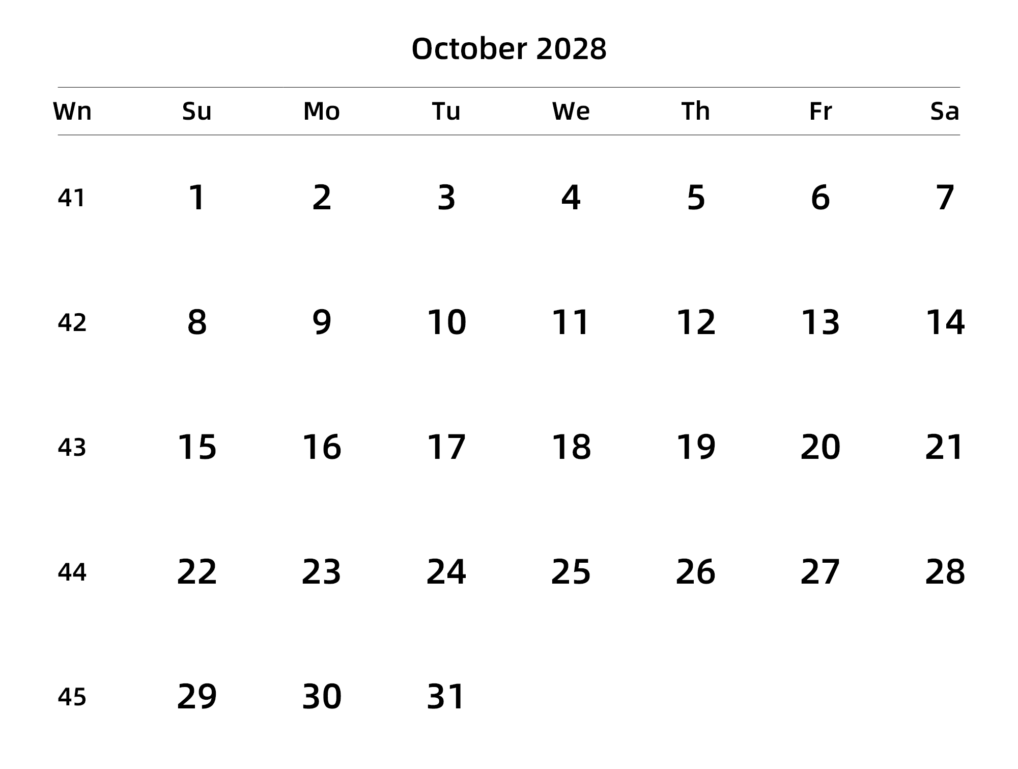英文版 周日开始 带周数