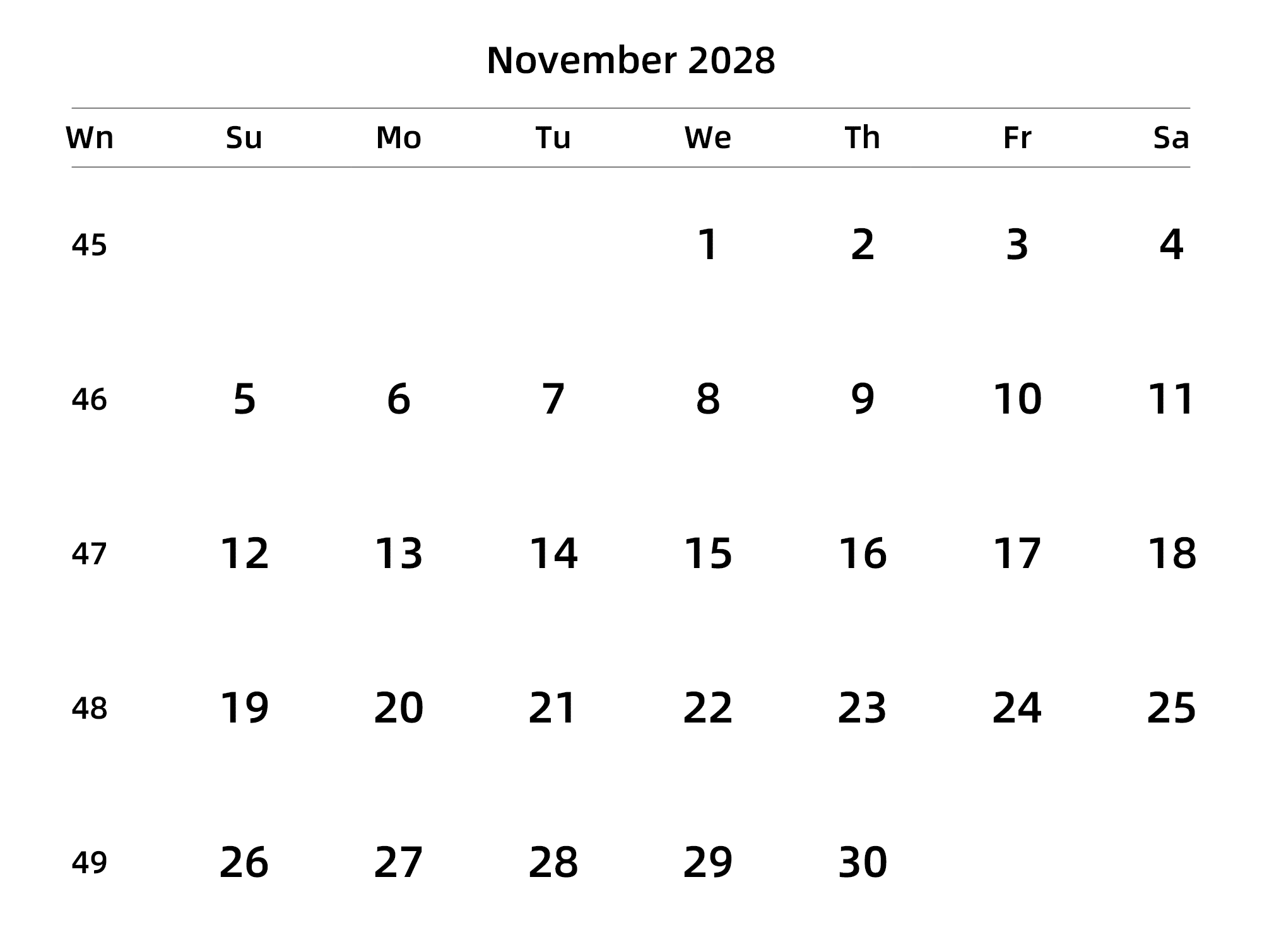英文版 周日开始 带周数