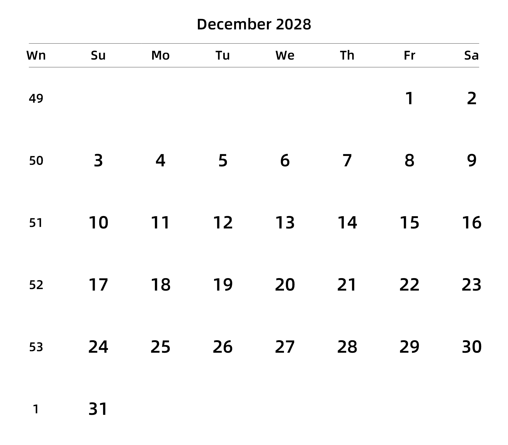 英文版 周日开始 带周数