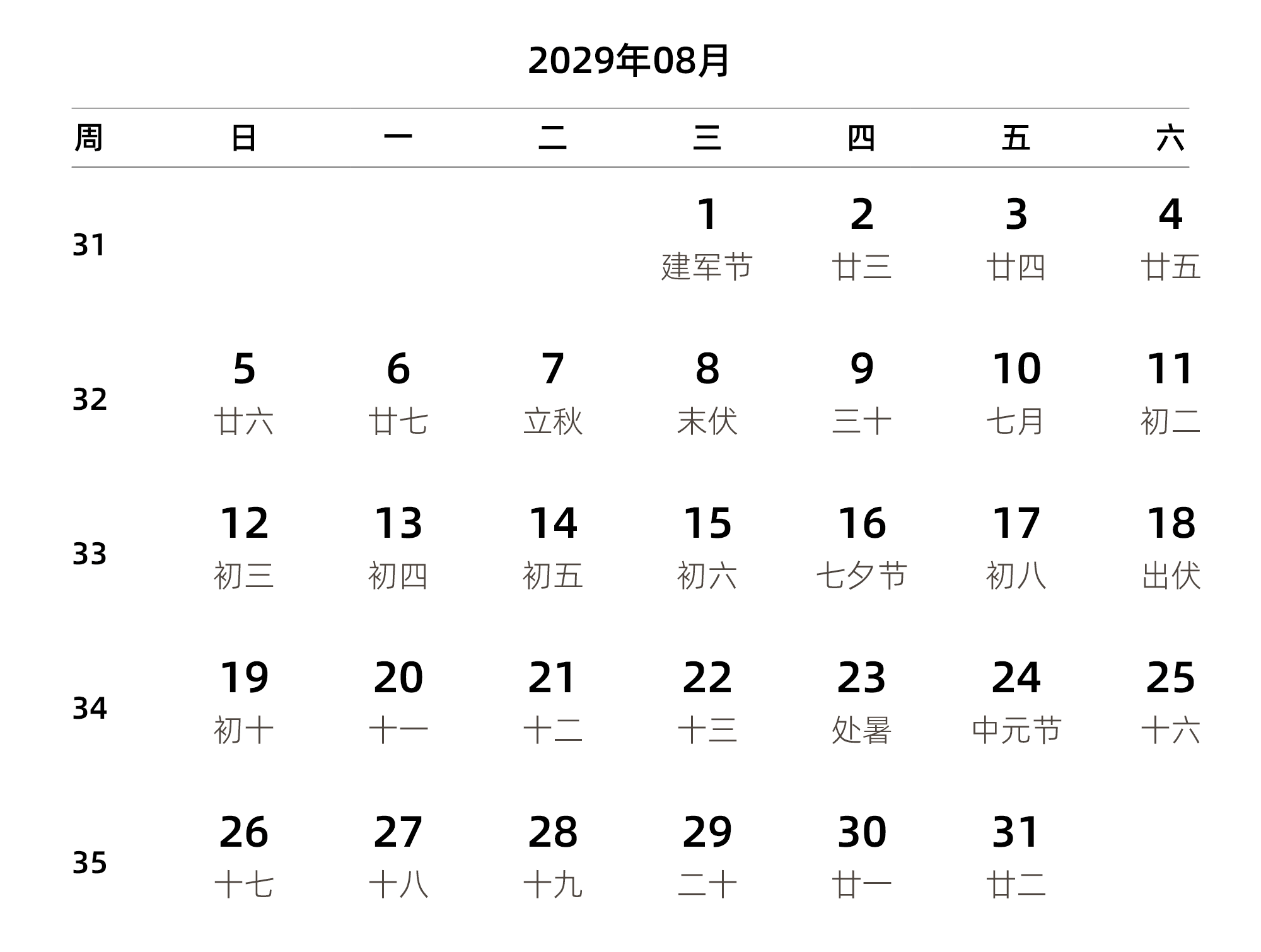 中文版 周日开始 带周数 带农历