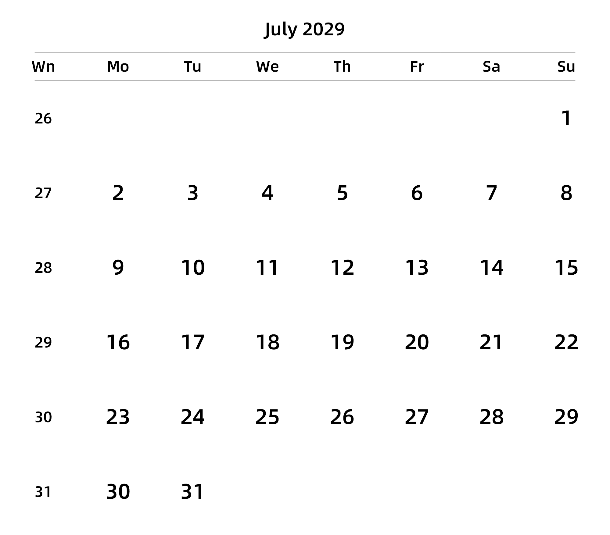 英文版 周一开始 带周数