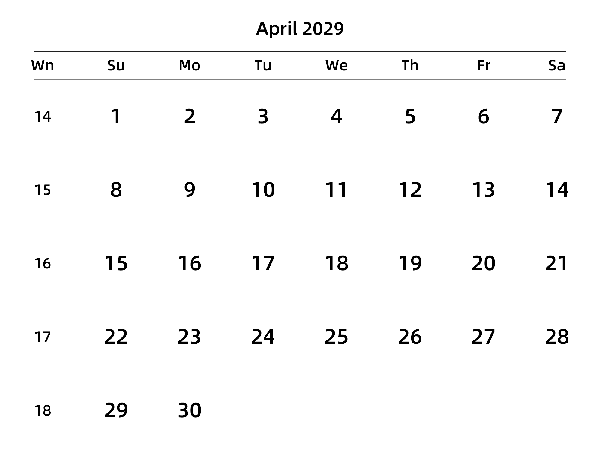 英文版 周日开始 带周数