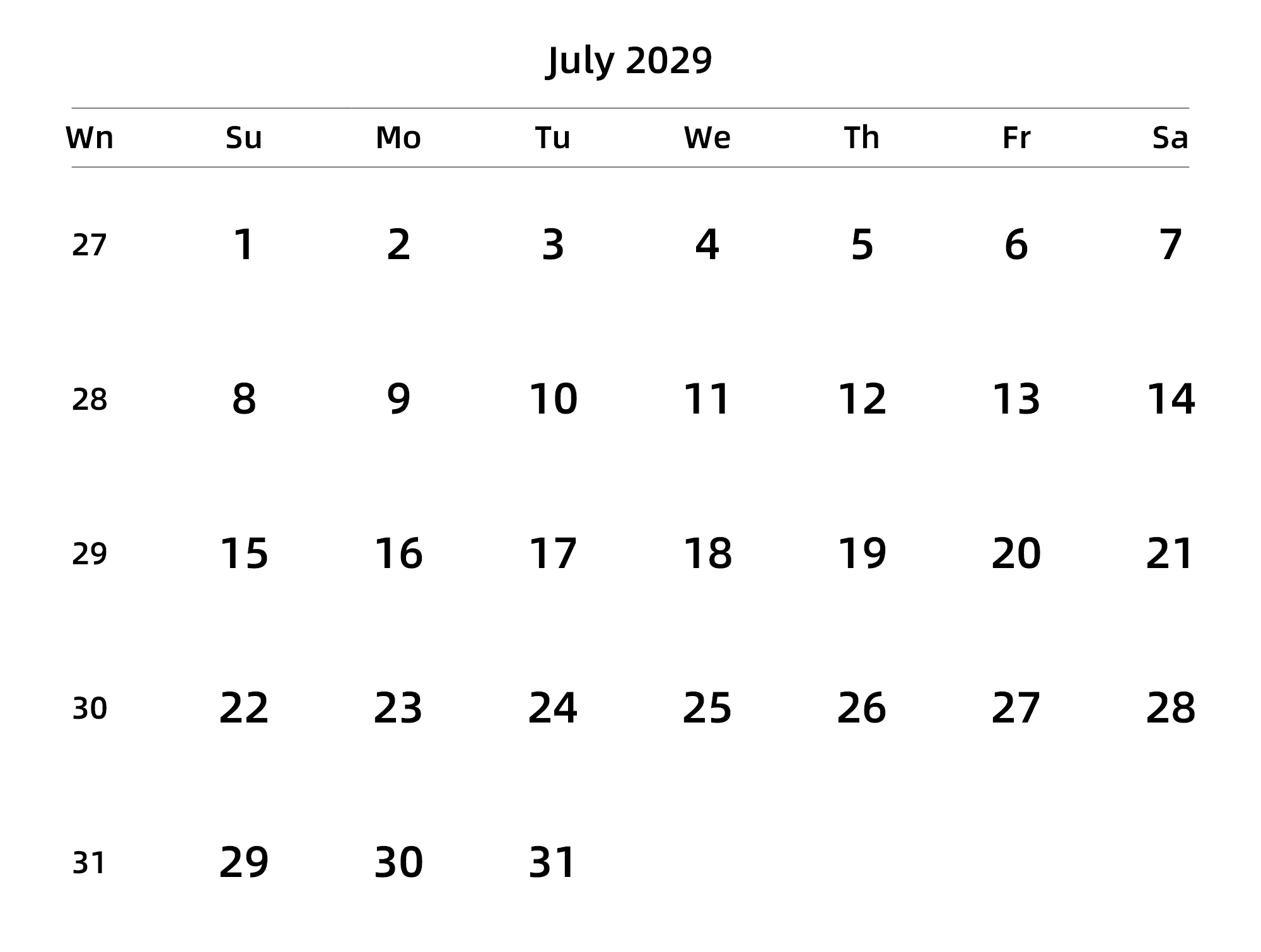 英文版 周日开始 带周数