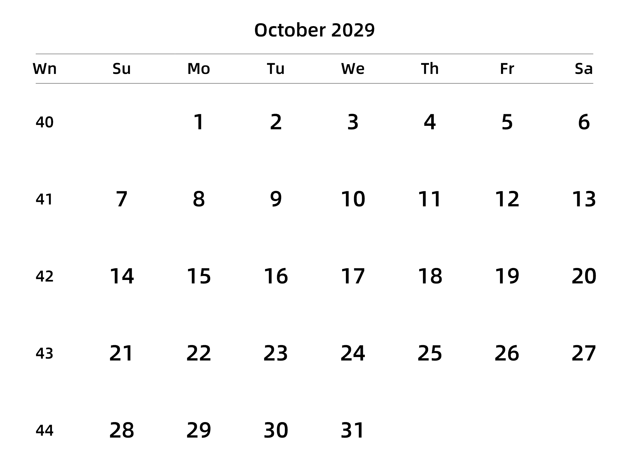 英文版 周日开始 带周数