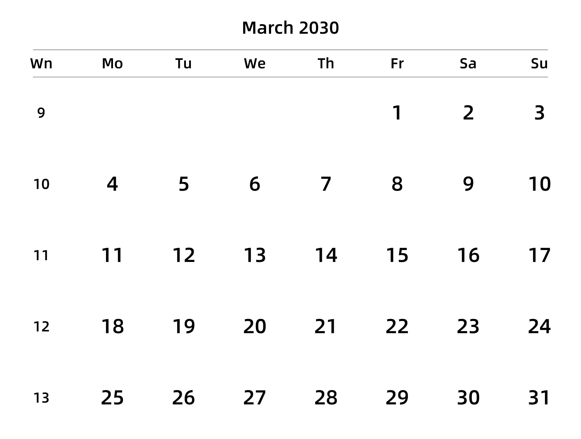 英文版 周一开始 带周数