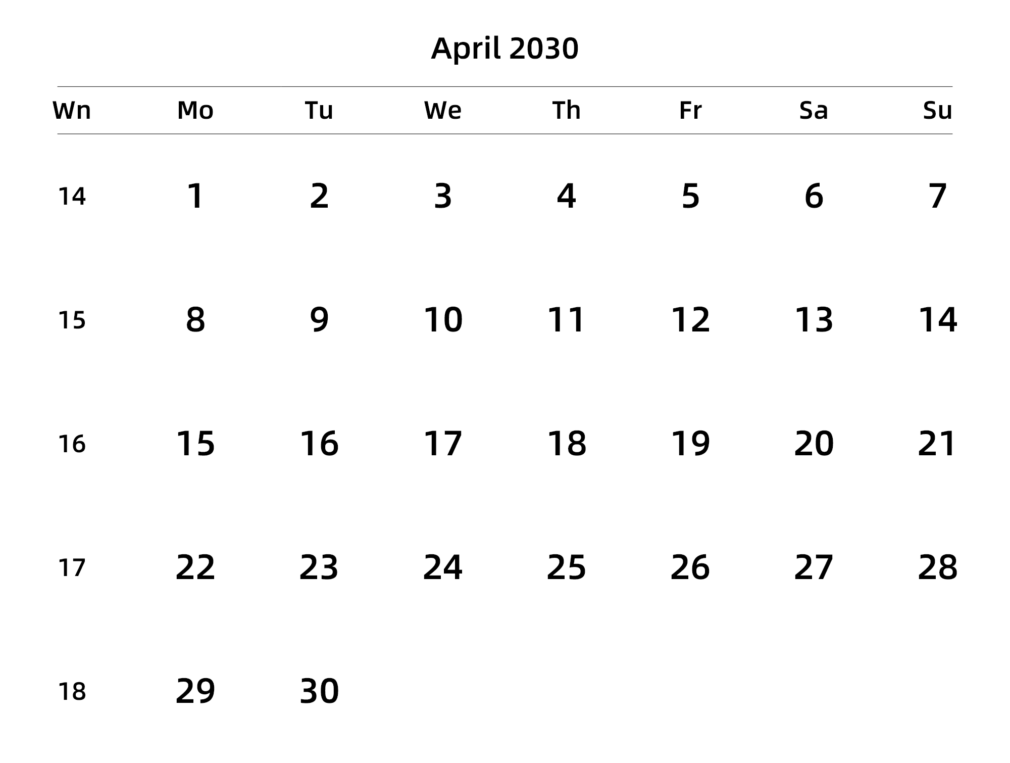 英文版 周一开始 带周数