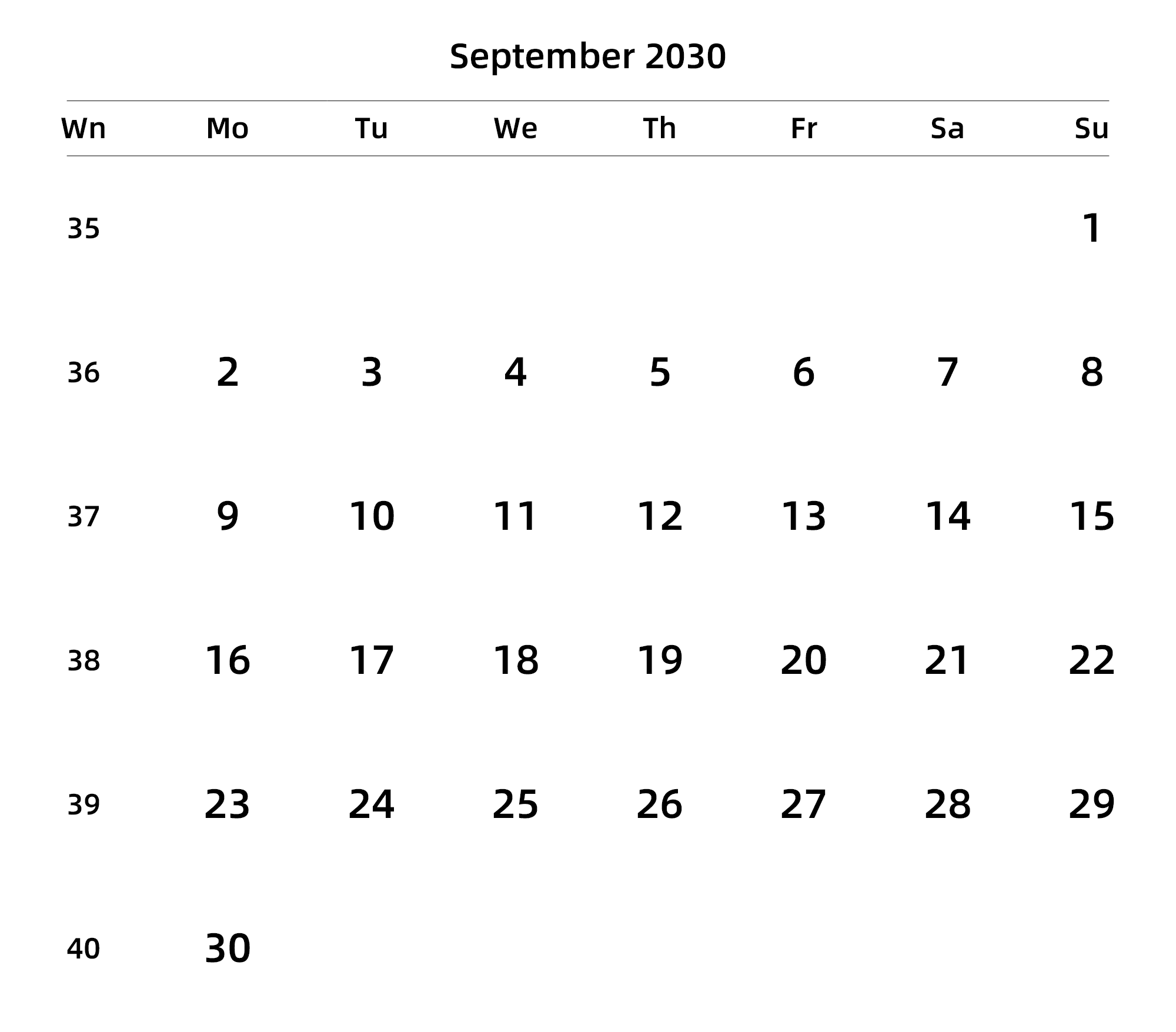 英文版 周一开始 带周数