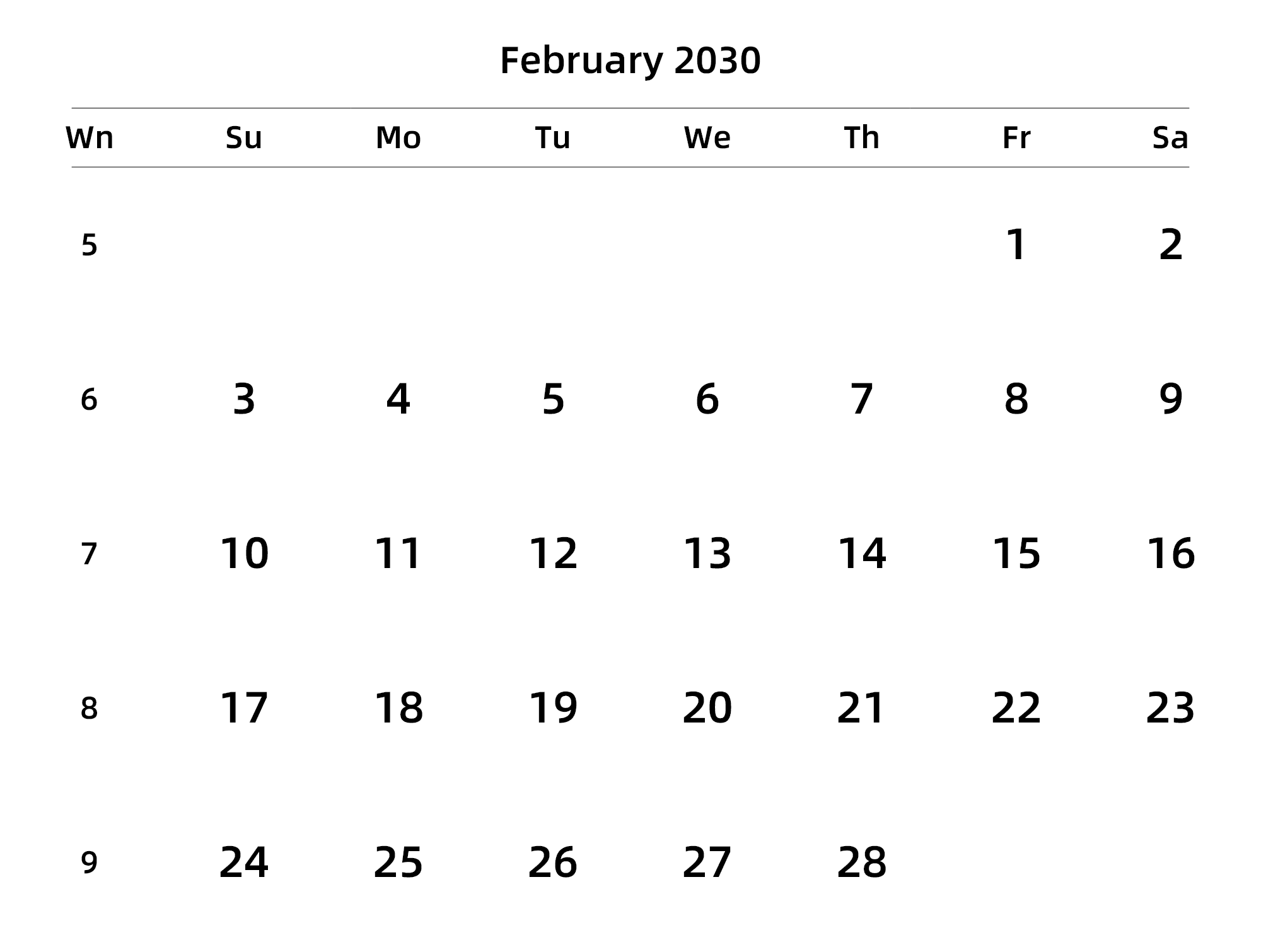 英文版 周日开始 带周数