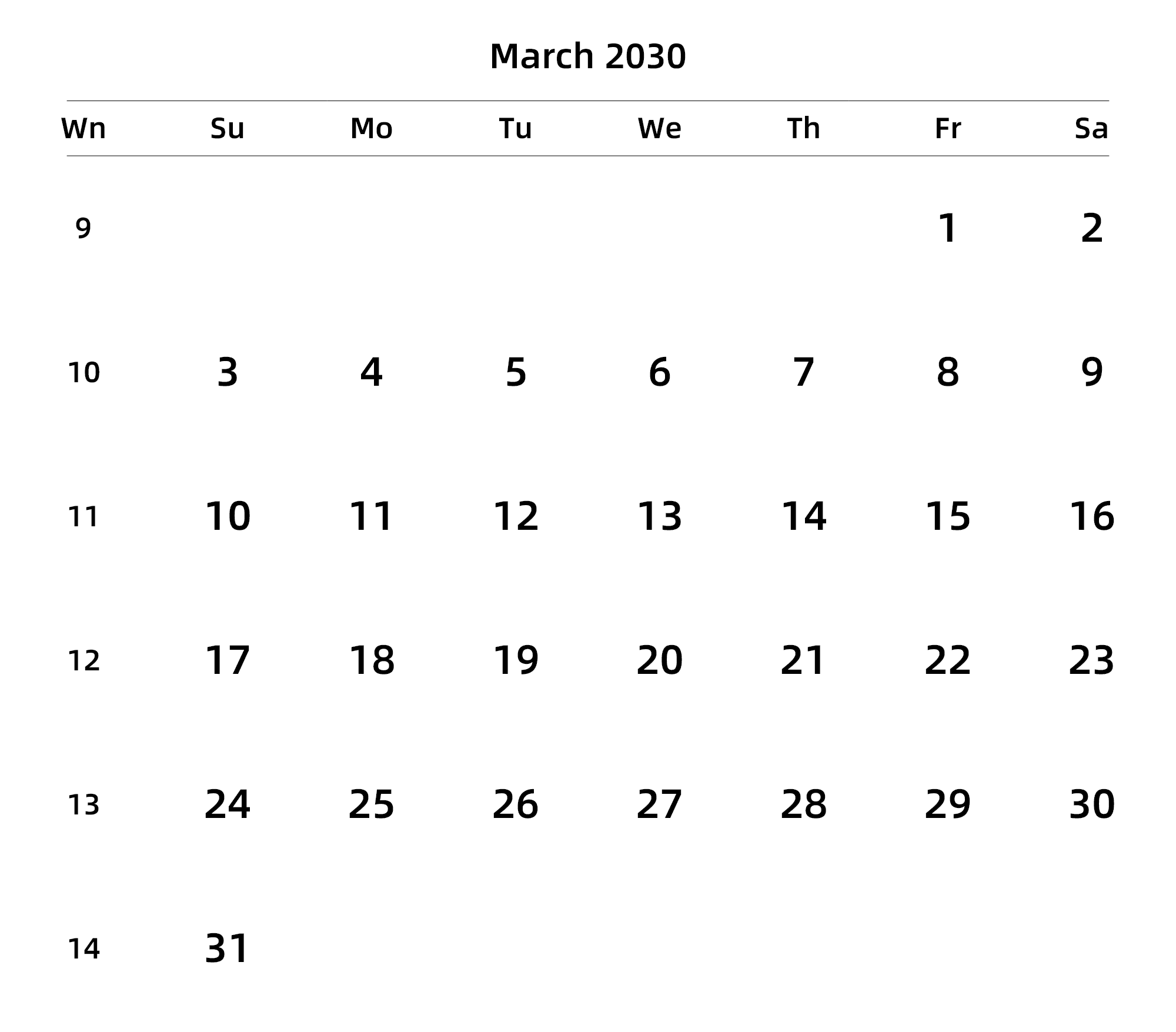 英文版 周日开始 带周数