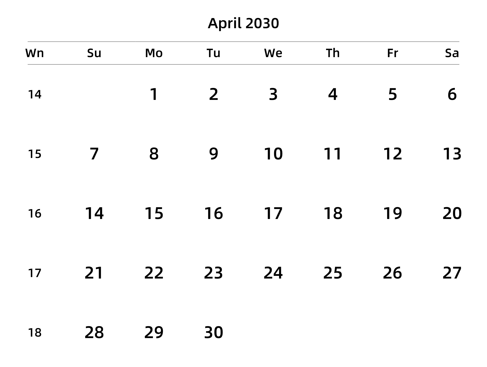 英文版 周日开始 带周数