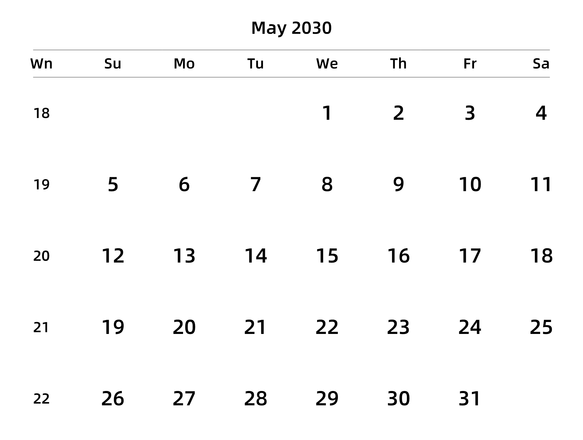 英文版 周日开始 带周数