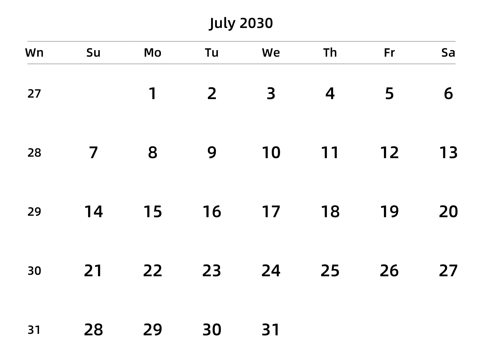 英文版 周日开始 带周数