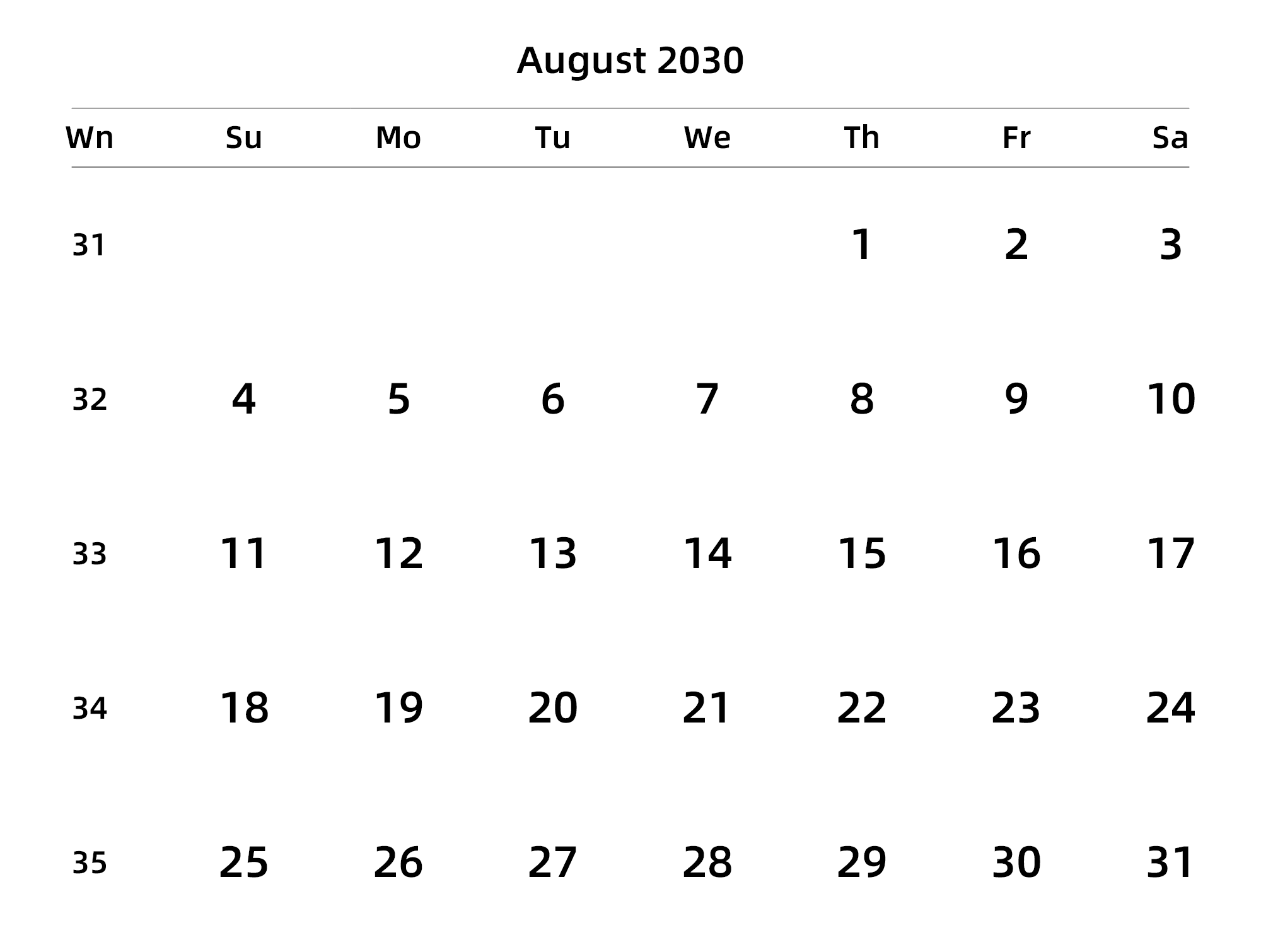 英文版 周日开始 带周数