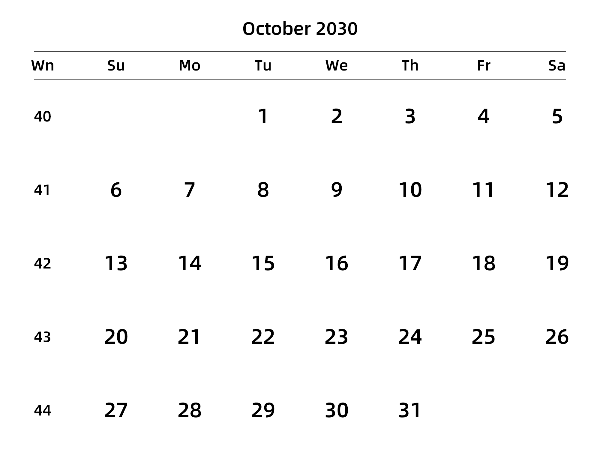 英文版 周日开始 带周数